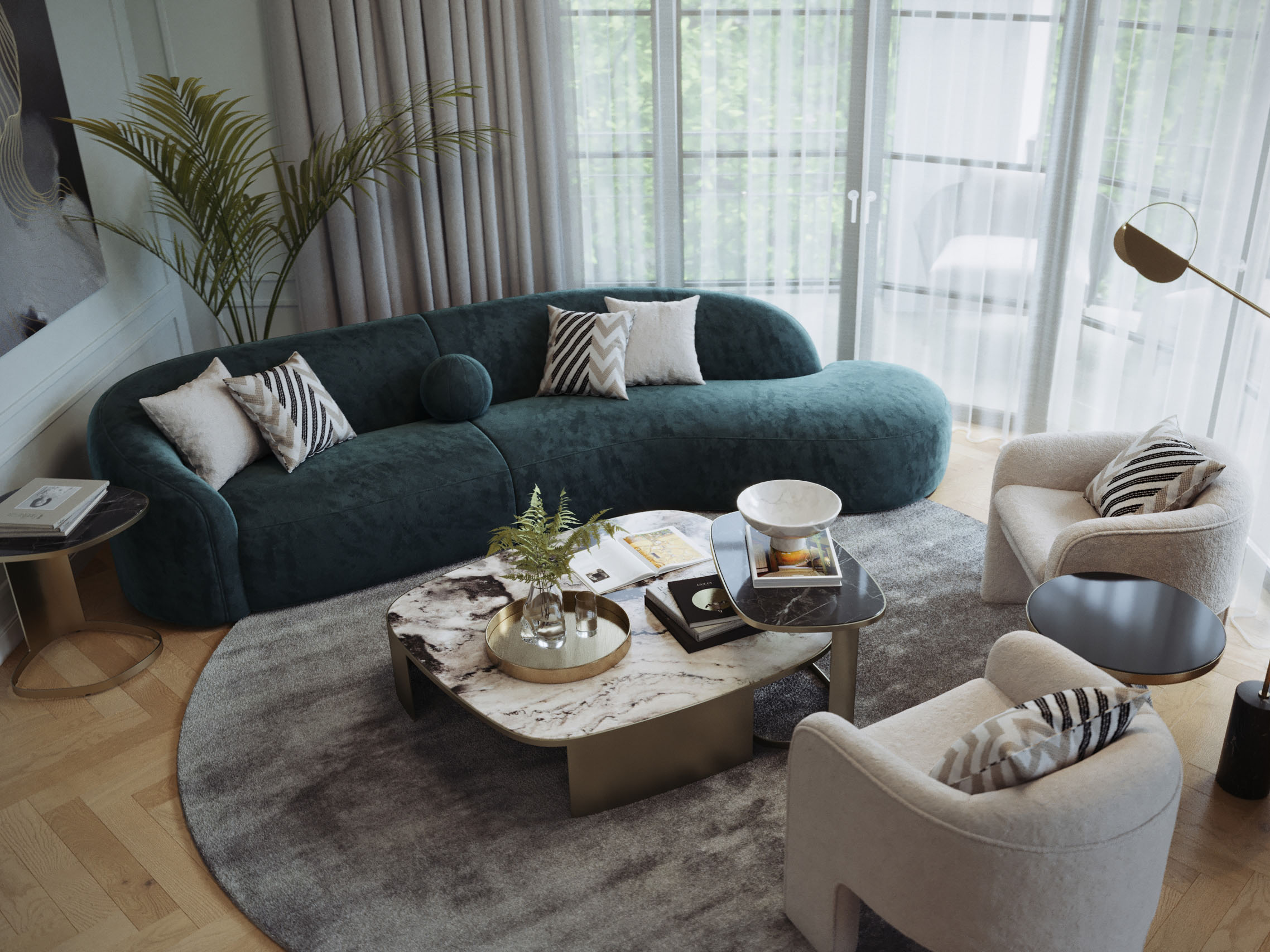 Jade Apartment living room with a curved green velvet sofa, marble coffee table and tall windows, 3D rendering