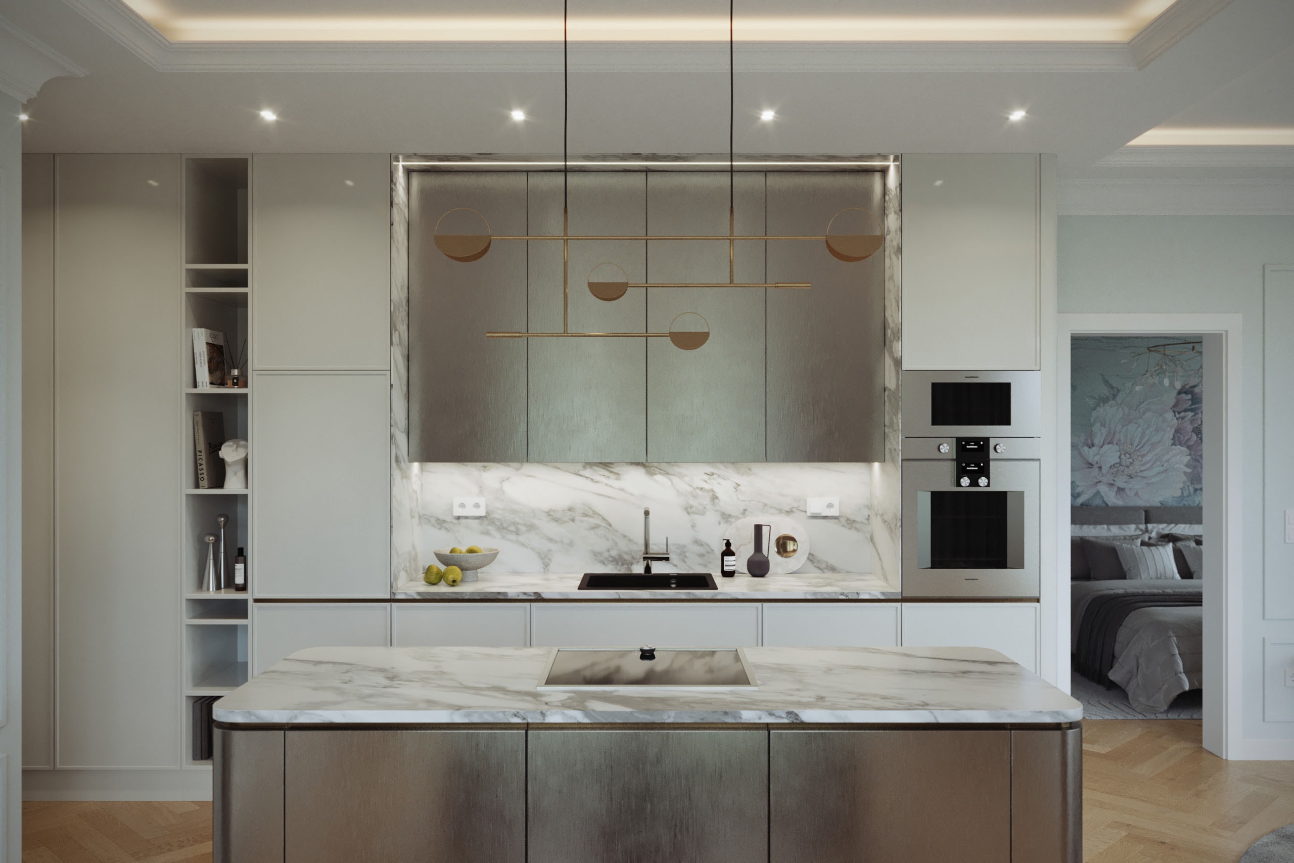Jade Apartment kitchen island with Bolia Leaves pendant lights and a marble splashback, 3D rendering