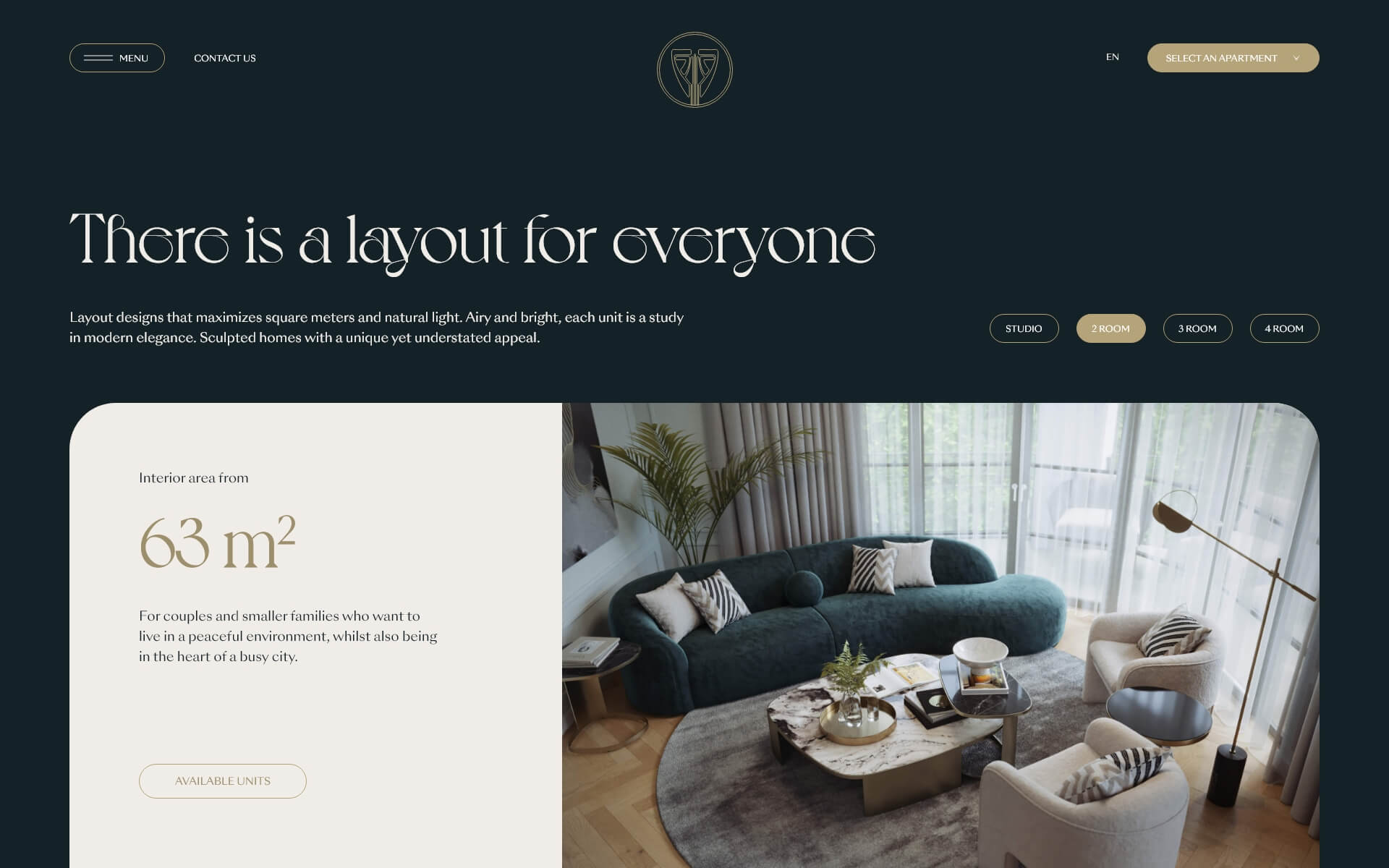 UI design of the layout selector on the Amery Residence website showing the Jade Apartment living room