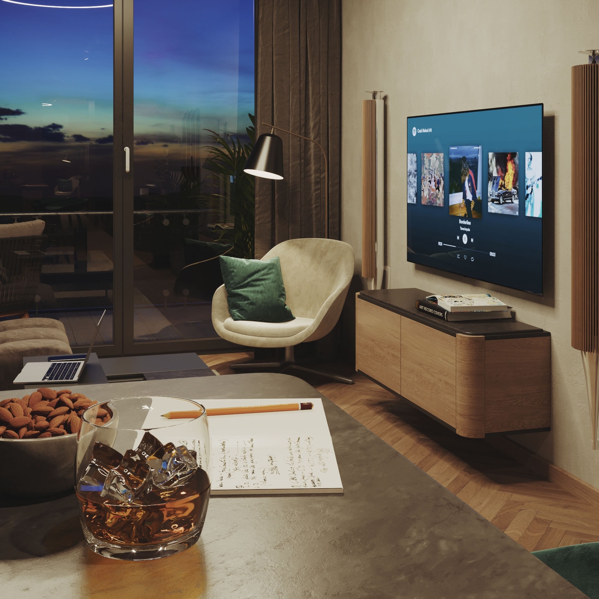 Marina Tower living room at sunset with a bowl of snacks, TV wall and glass door to the terrace, 3D rendering