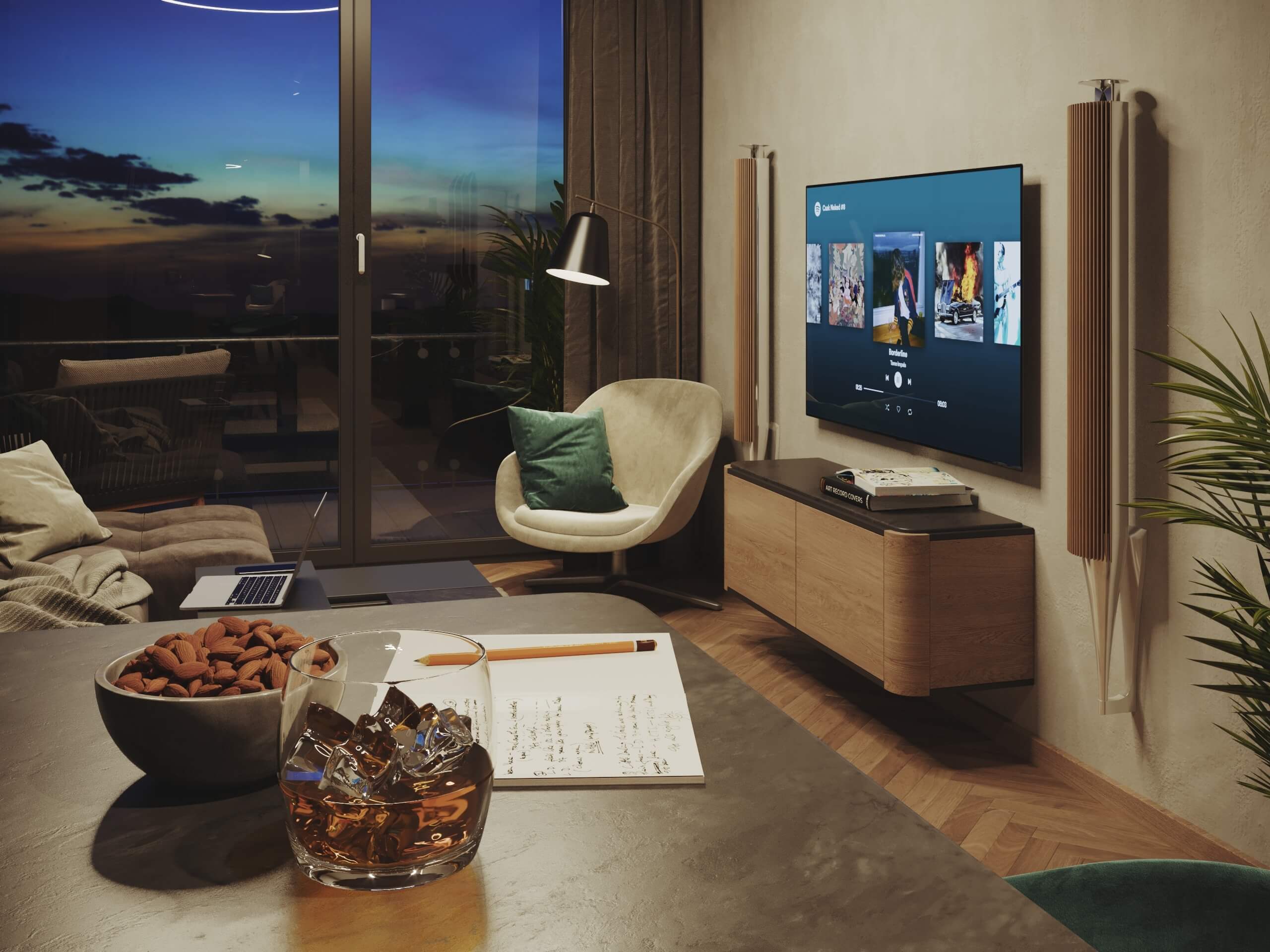Marina Tower apartment at sunset, TV wall and armchair by the terrace door high above Vienna, 3D rendering