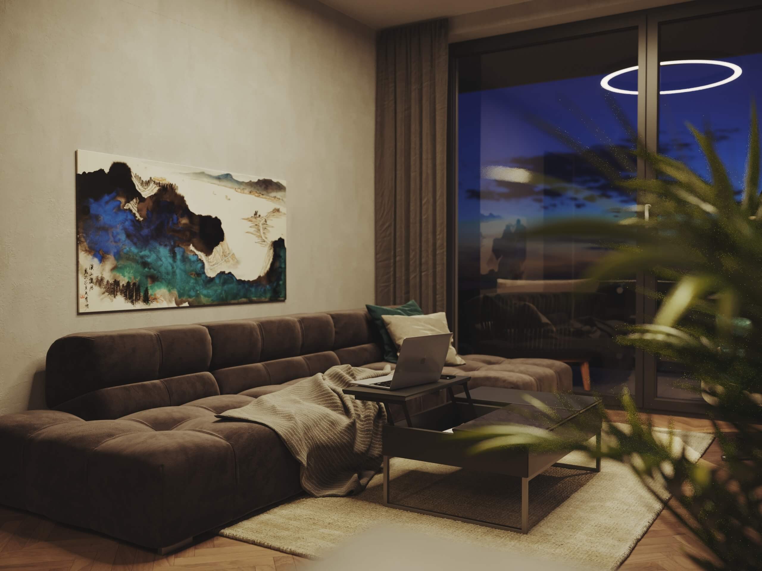 Tufty Time sofa visualization in the Marina Tower apartment at night, 3D rendering