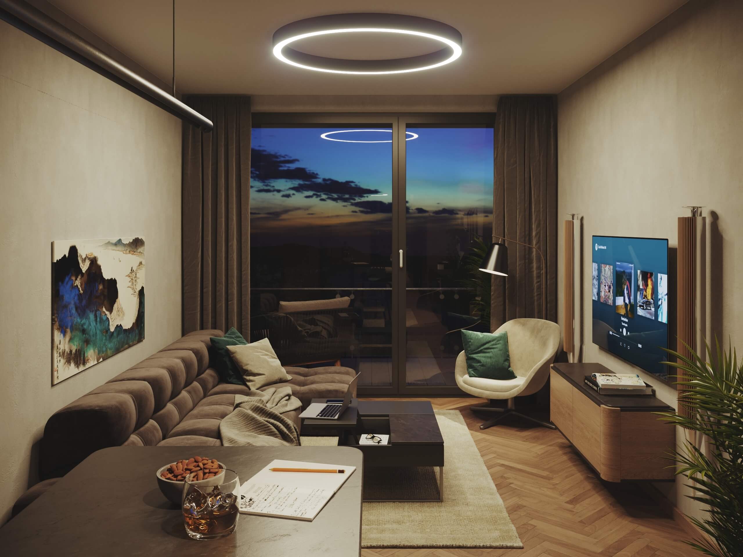 Marina Tower living room with a ring light, Tufty Time sofa and an evening sky over the Danube, 3D rendering