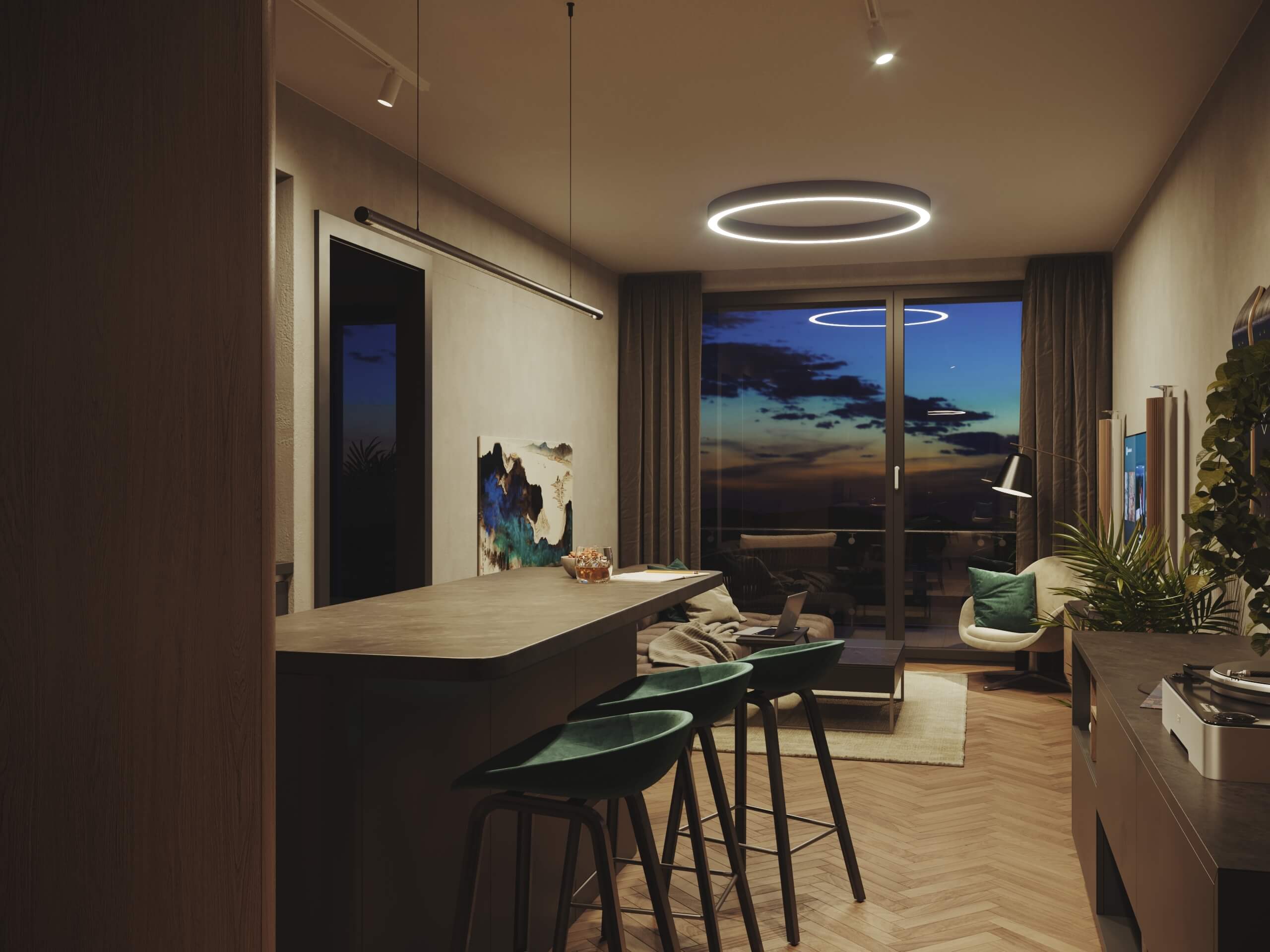 Kitchen island with bar stools looking towards the Marina Tower living room at sunset, 3D rendering