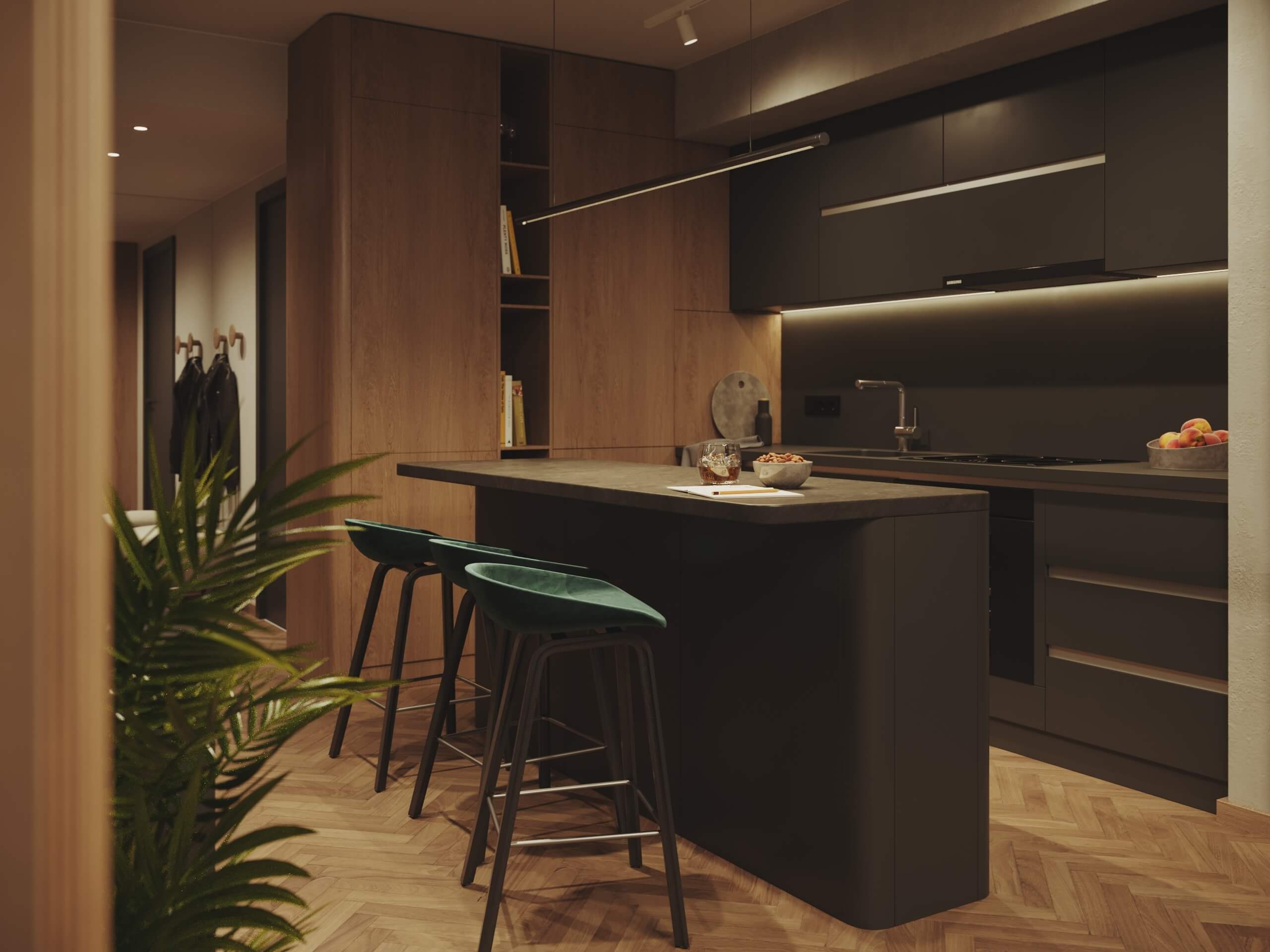 Dark contemporary kitchen with a black island and green velvet bar stools in the Marina Tower, 3D rendering