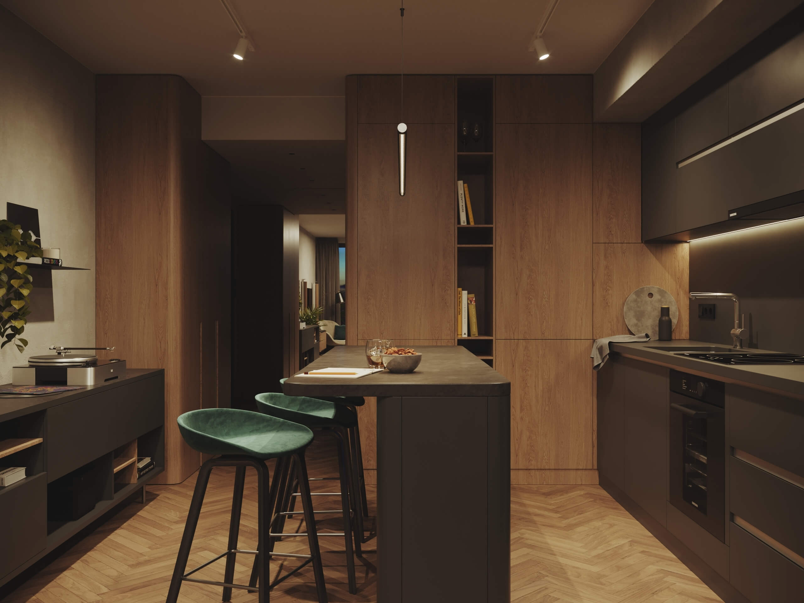 Marina Tower kitchen at night with warm under-cabinet lighting and herringbone parquet, 3D rendering