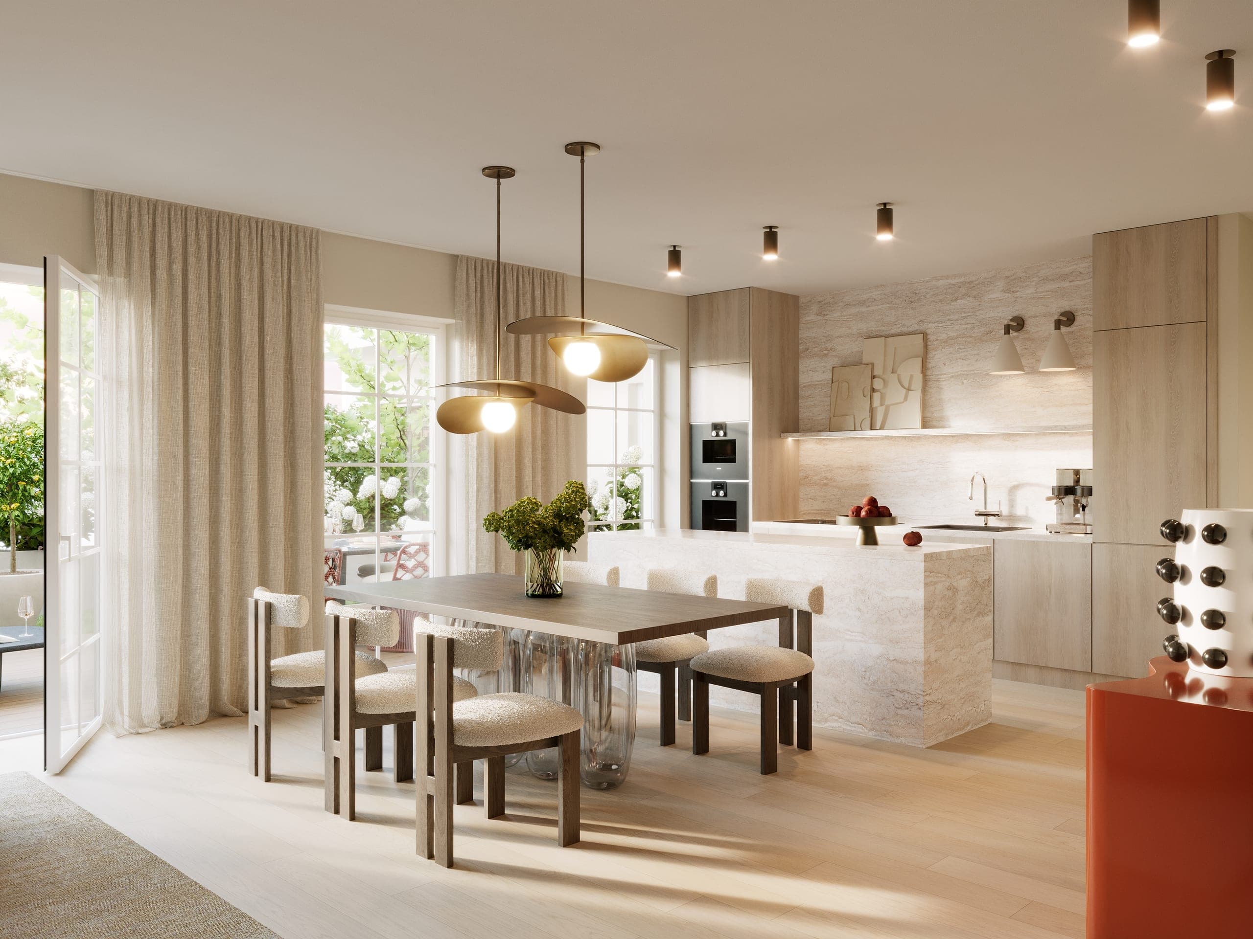 Dining table and travertine kitchen island in daylight, with French doors to the garden, Zur Wilhelmine 16, 3D rendering