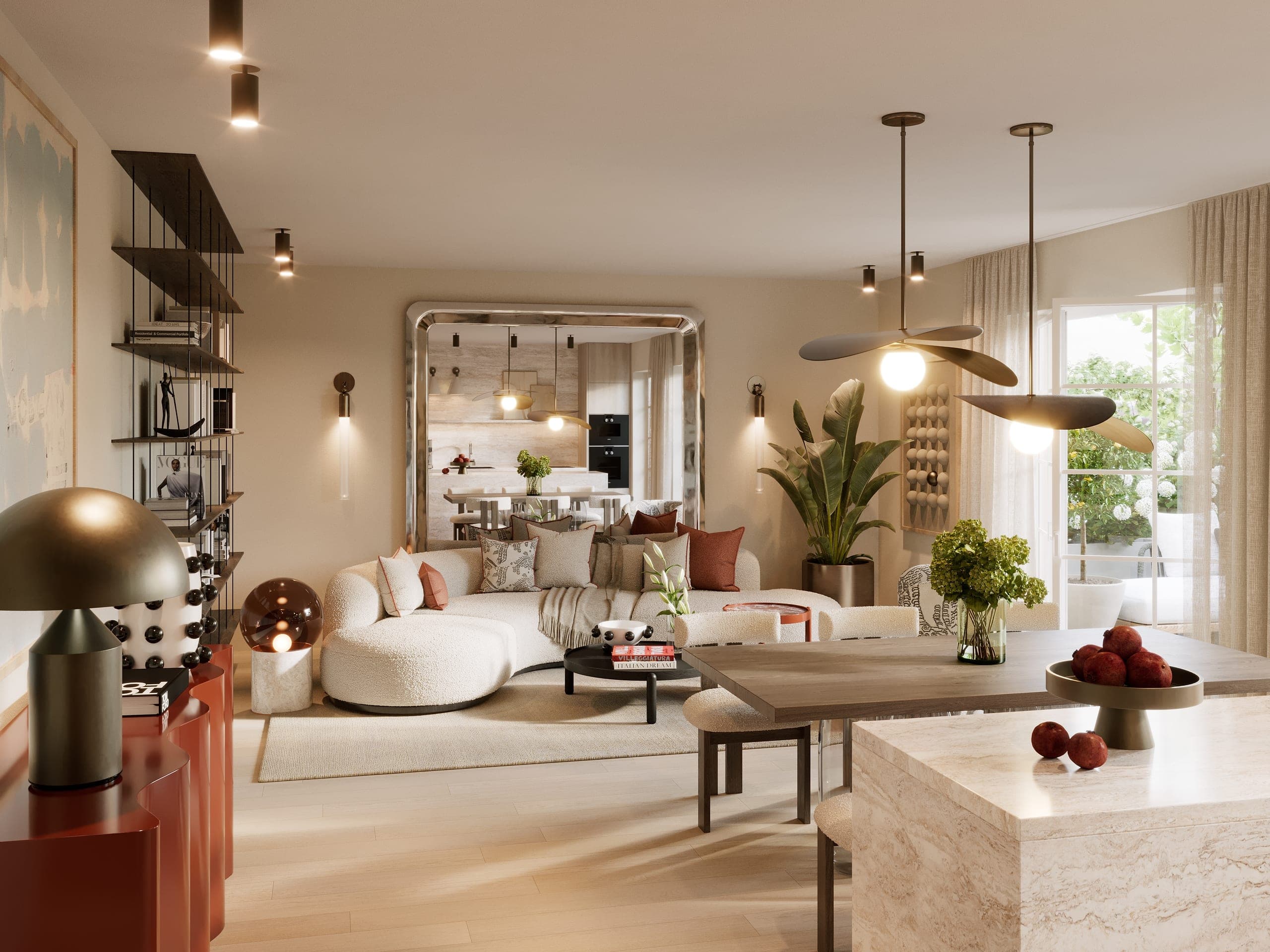 Curved bouclé sofa in front of an oversized chrome mirror reflecting the kitchen, Zur Wilhelmine 16 garden apartment, 3D rendering