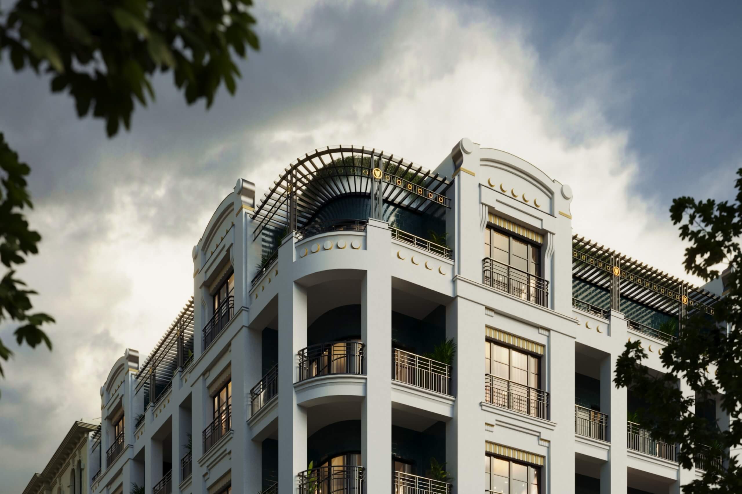 Amery Residence corner façade with curved balconies and a rooftop pergola under a cloudy sky, 3D rendering