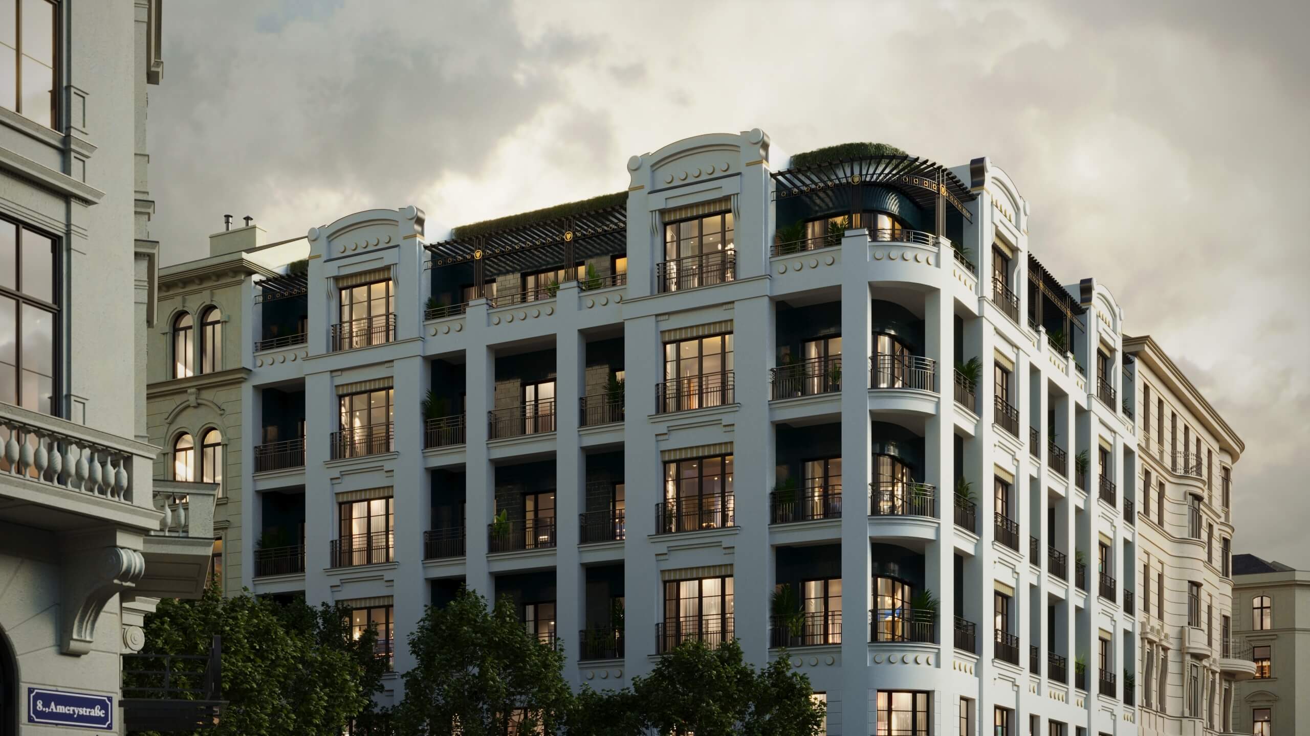 Amery Residence at dusk on its street corner with lit windows and passing cars, 3D rendering