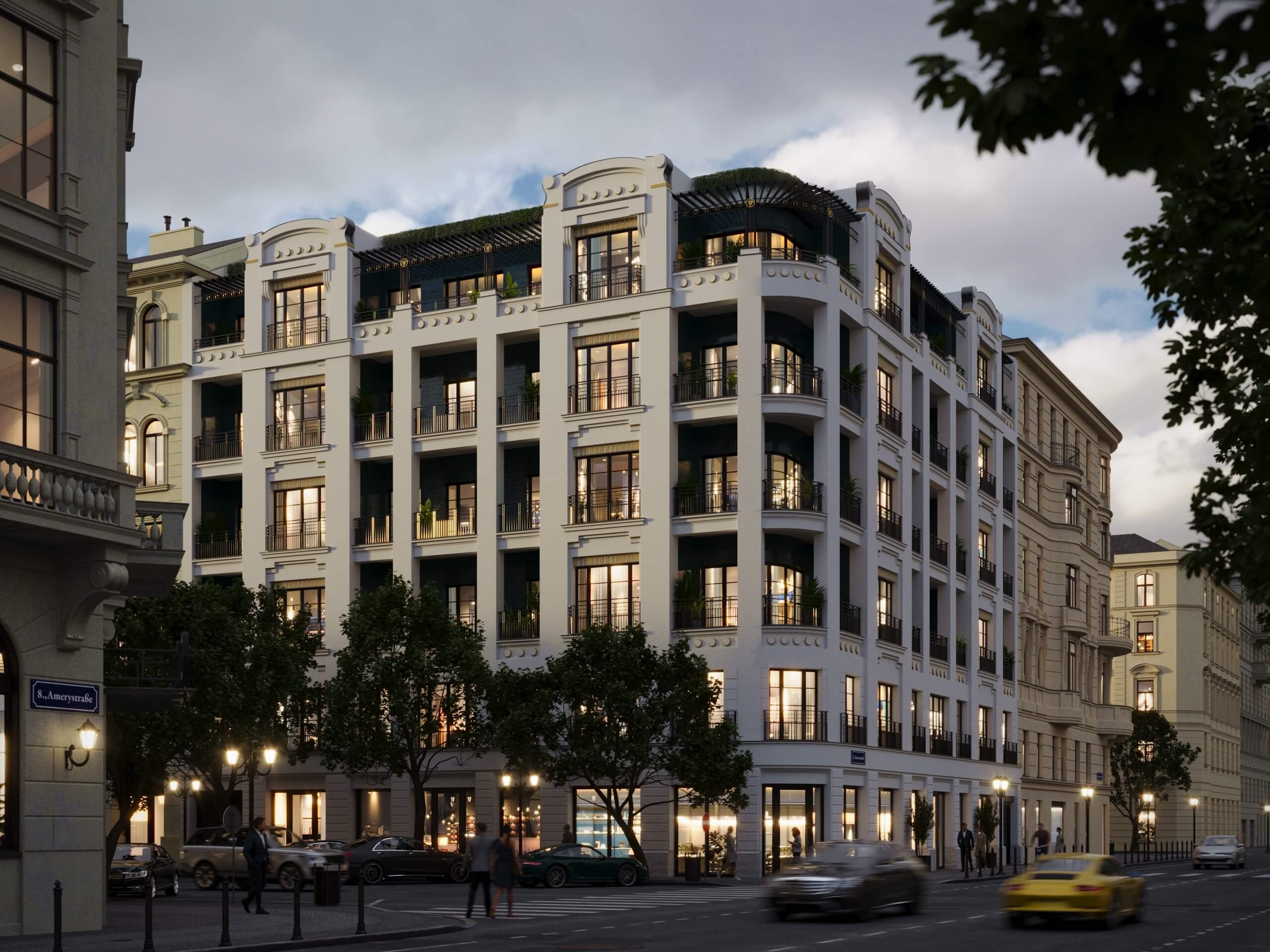 Amery Residence corner seen along the side street at dusk, 3D rendering