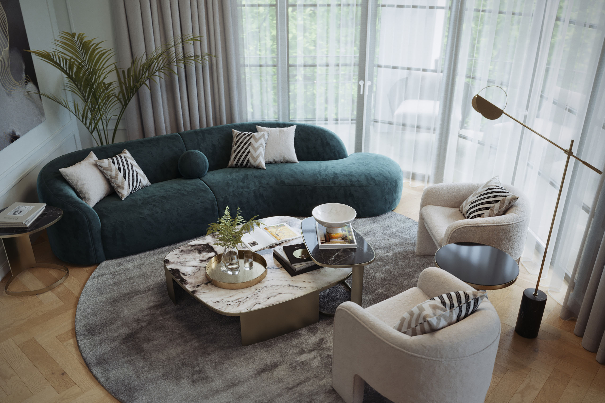 Jade Apartment living room with a curved jade green sofa, bouclé armchairs and a brass floor lamp, 3D rendering