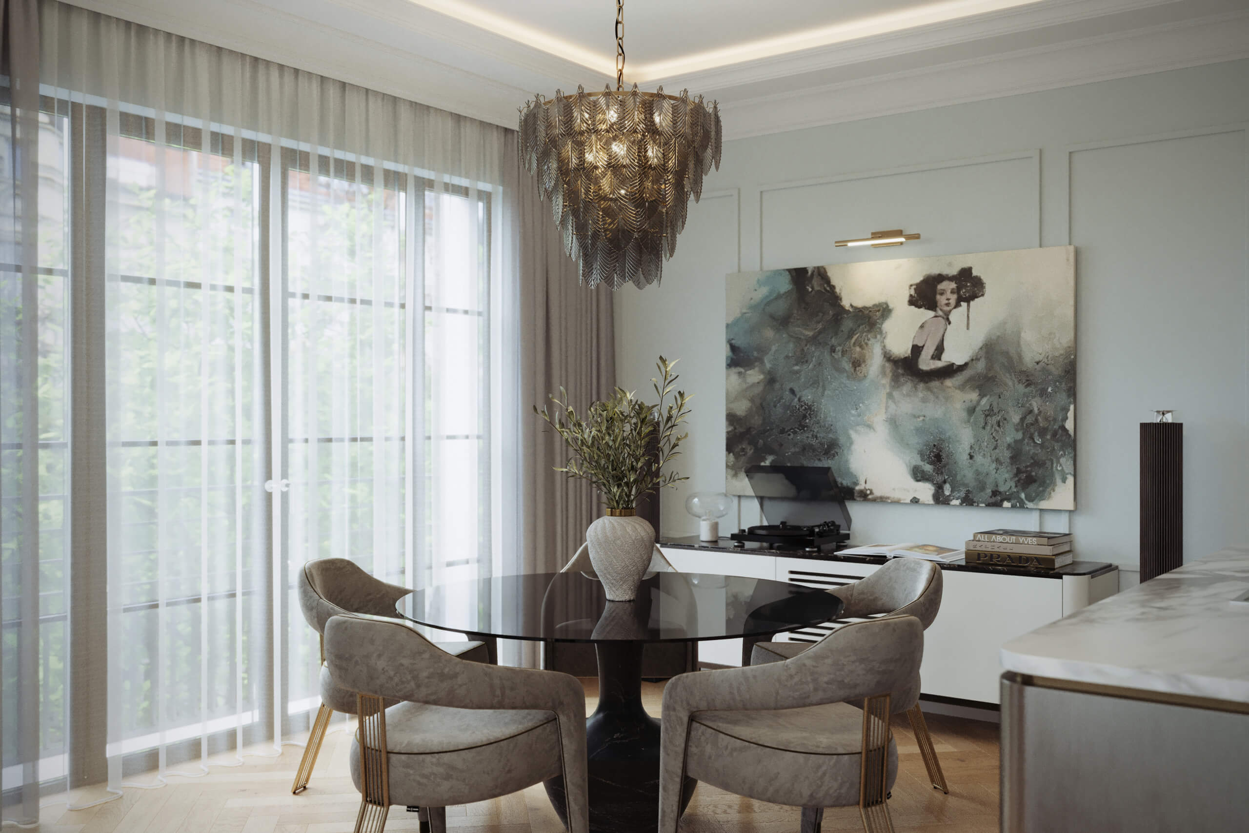 Jade Apartment dining area by the window with a smoked-glass chandelier and abstract portrait, 3D rendering