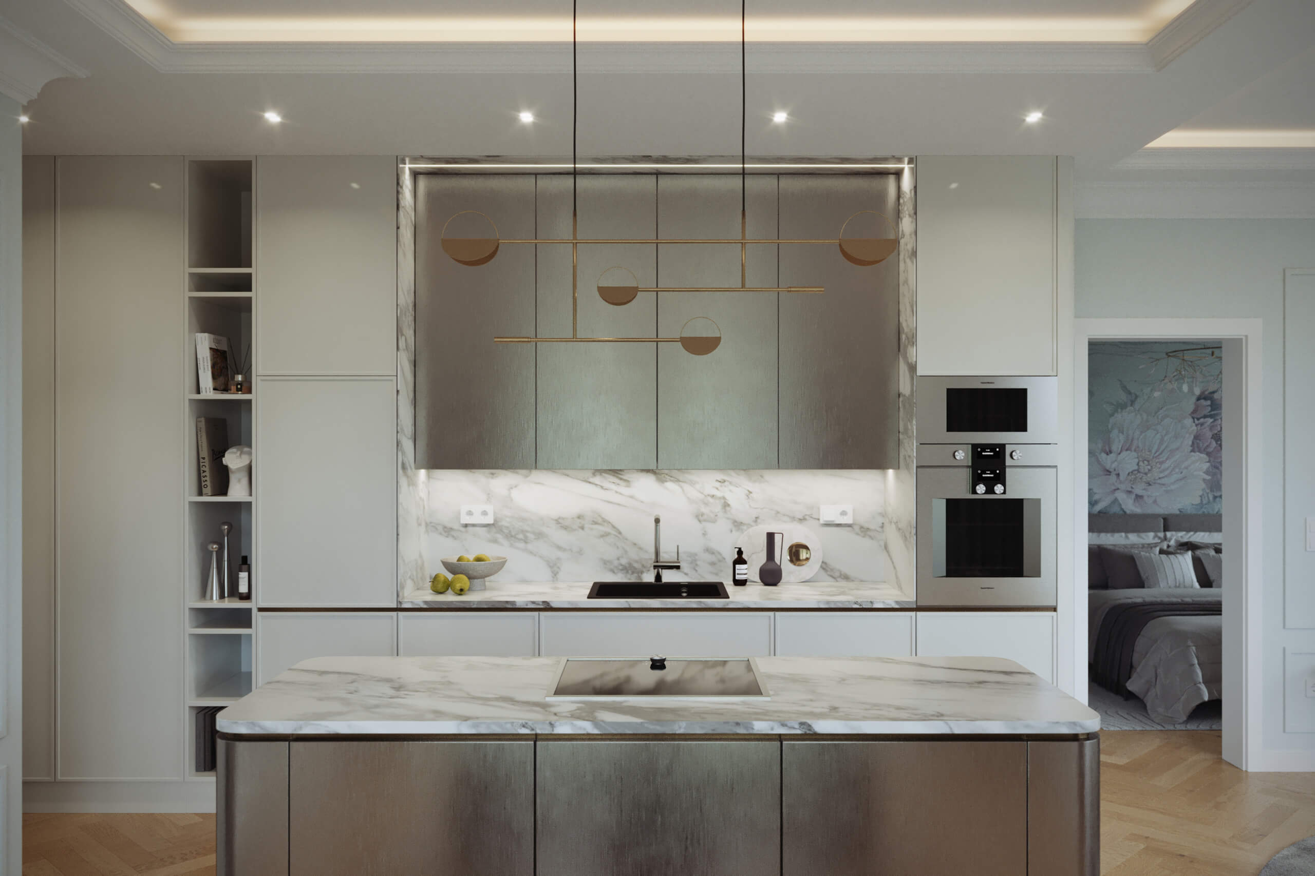 White contemporary kitchen combined with Calacatta marble, metal and brass details