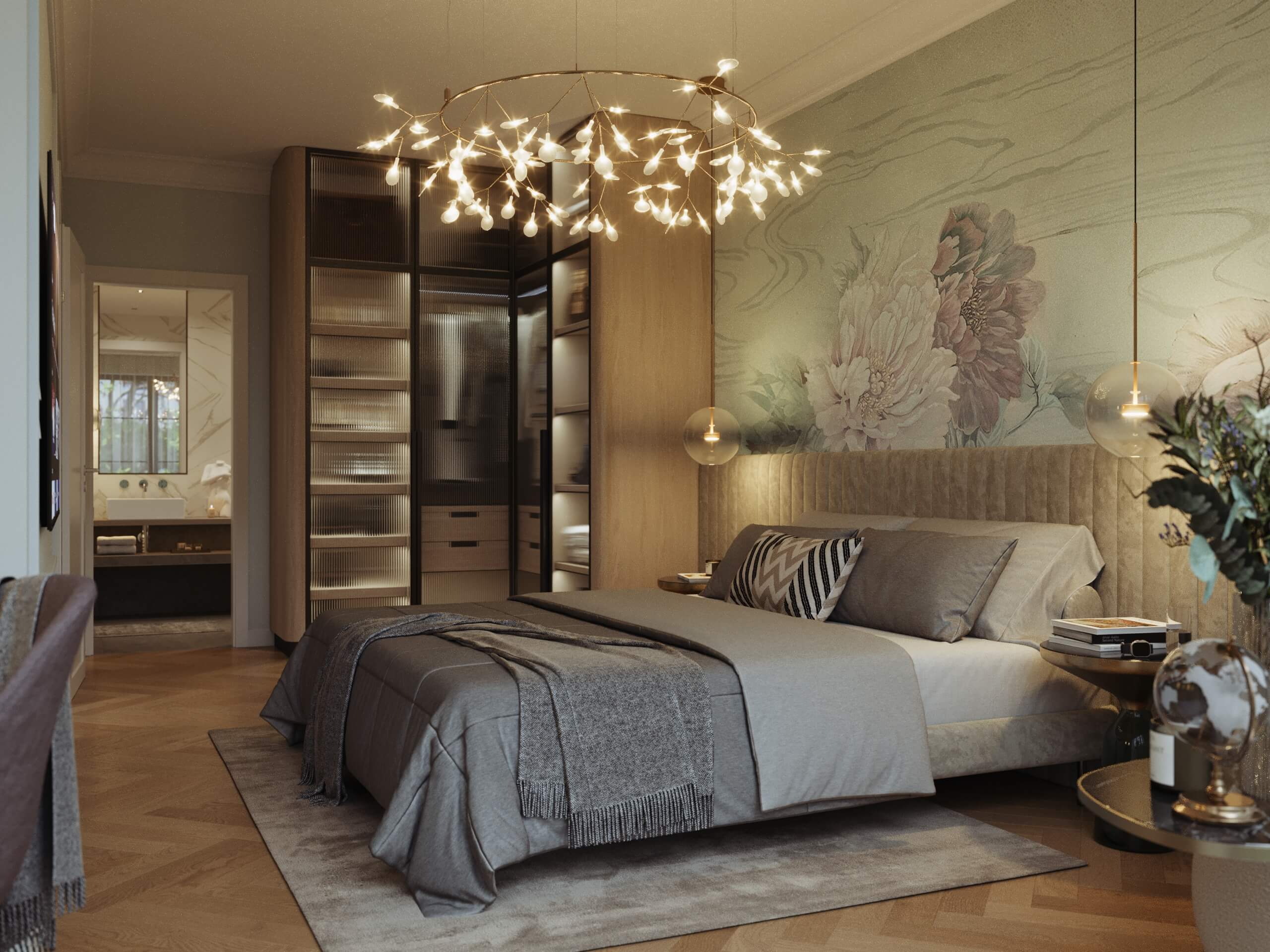 Jade Apartment bedroom with a floral wall mural, upholstered headboard and a branching pendant, 3D rendering