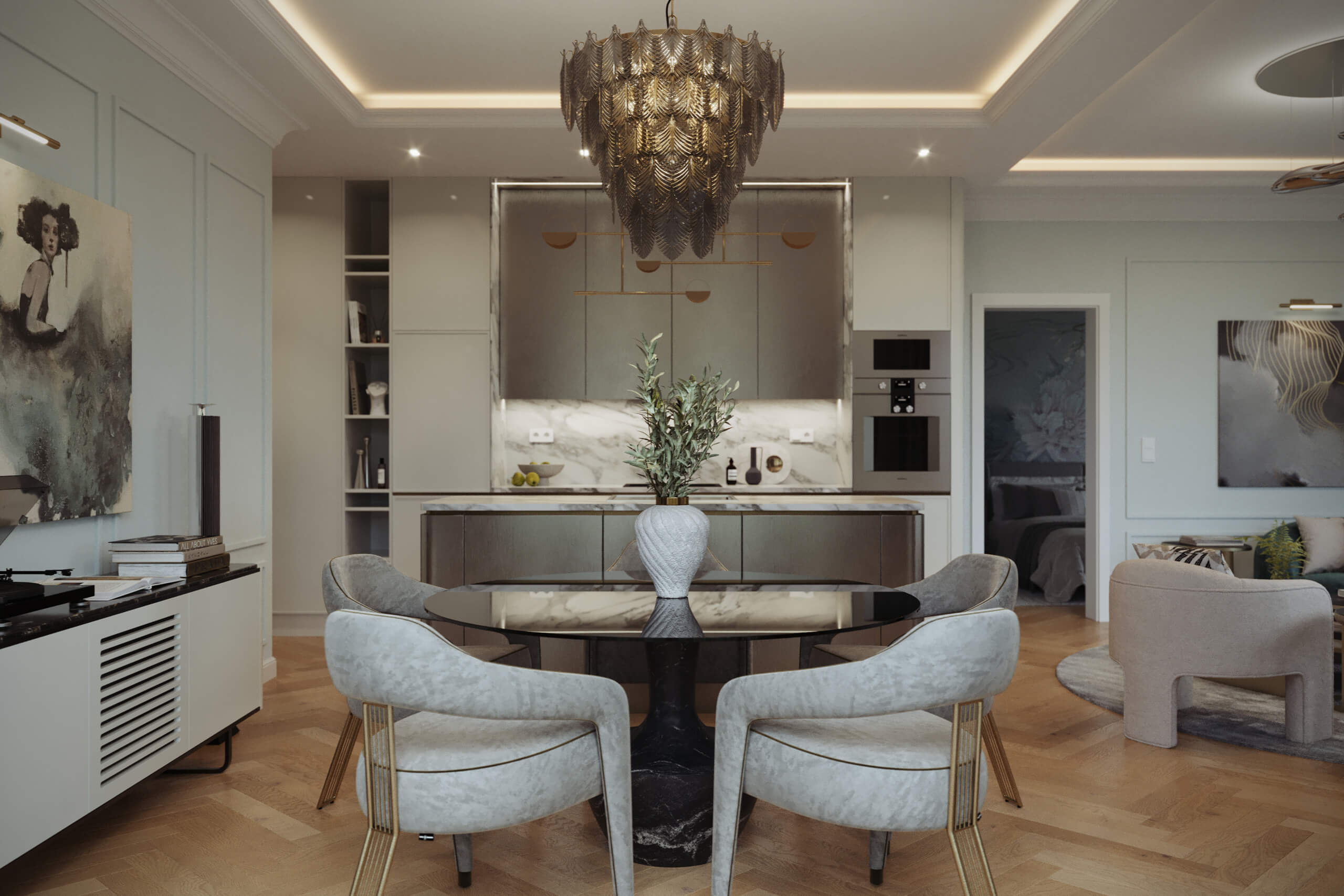 Jade Apartment dining table and kitchen under a smoked-glass chandelier, 3D rendering