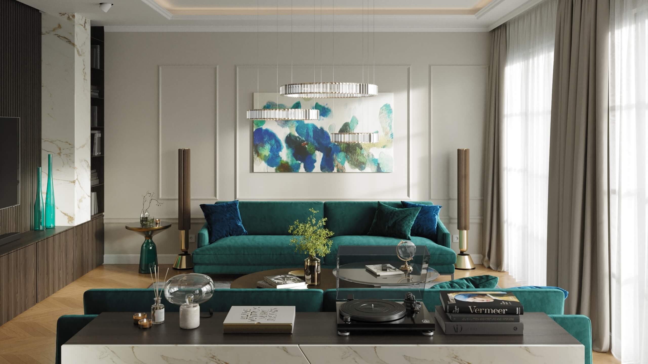 Emerald Penthouse living room with a green velvet sofa and marble island as featured on the promo website, 3D rendering