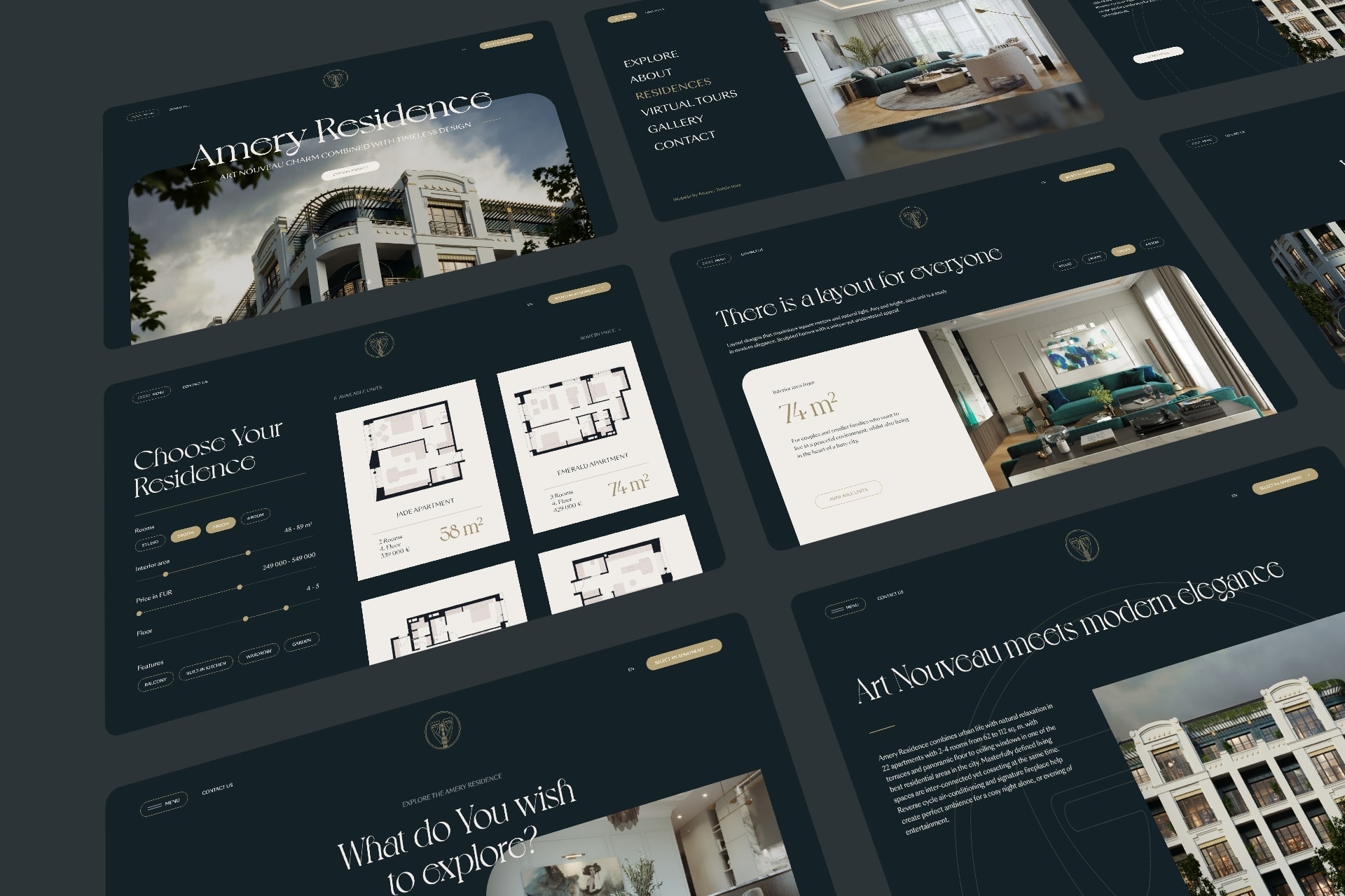 Overview of the Amery Residence website pages laid out as a grid, UI design
