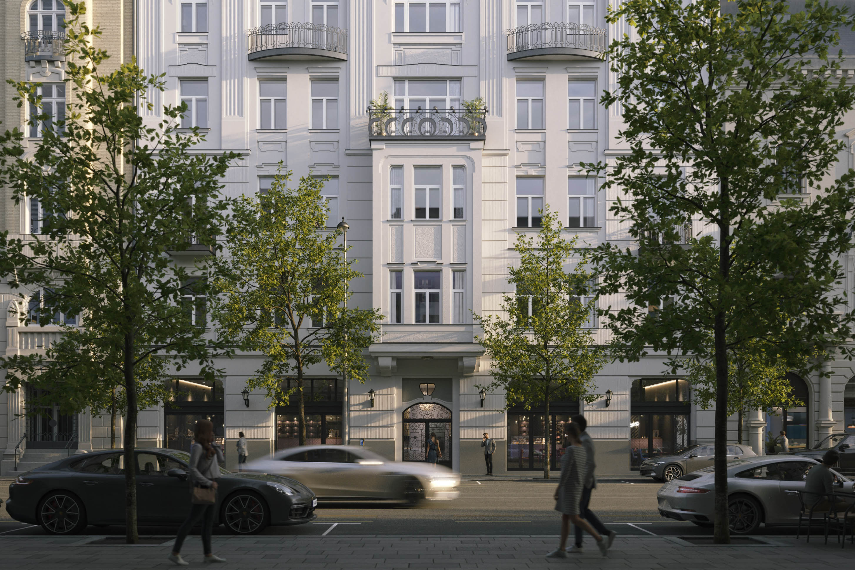 Budapest Alkotmány 27 after the 3D restoration, the renovated Secession façade behind street trees, 3D rendering