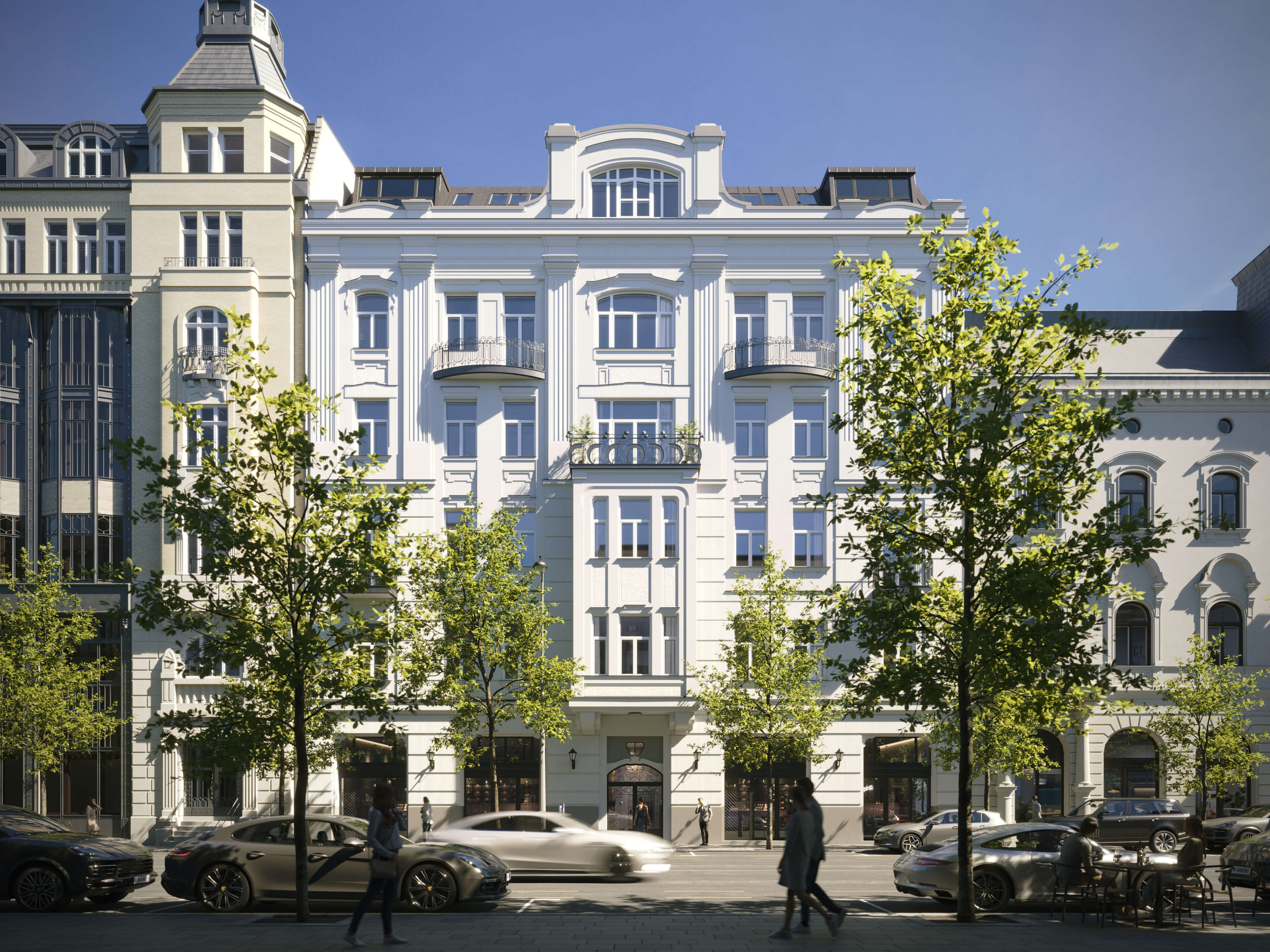 Alkotmány 27 after restoration with two added rooftop floors behind the ornate parapet, 3D rendering