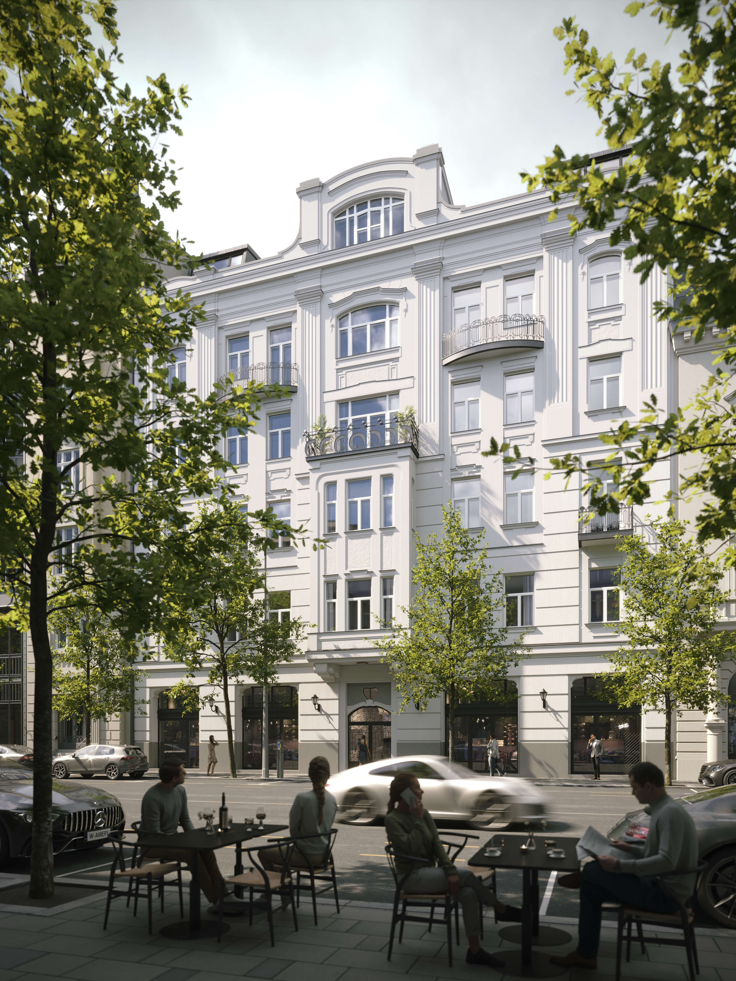 Café terrace in front of the restored Alkotmány 27 on a bright day, 3D rendering