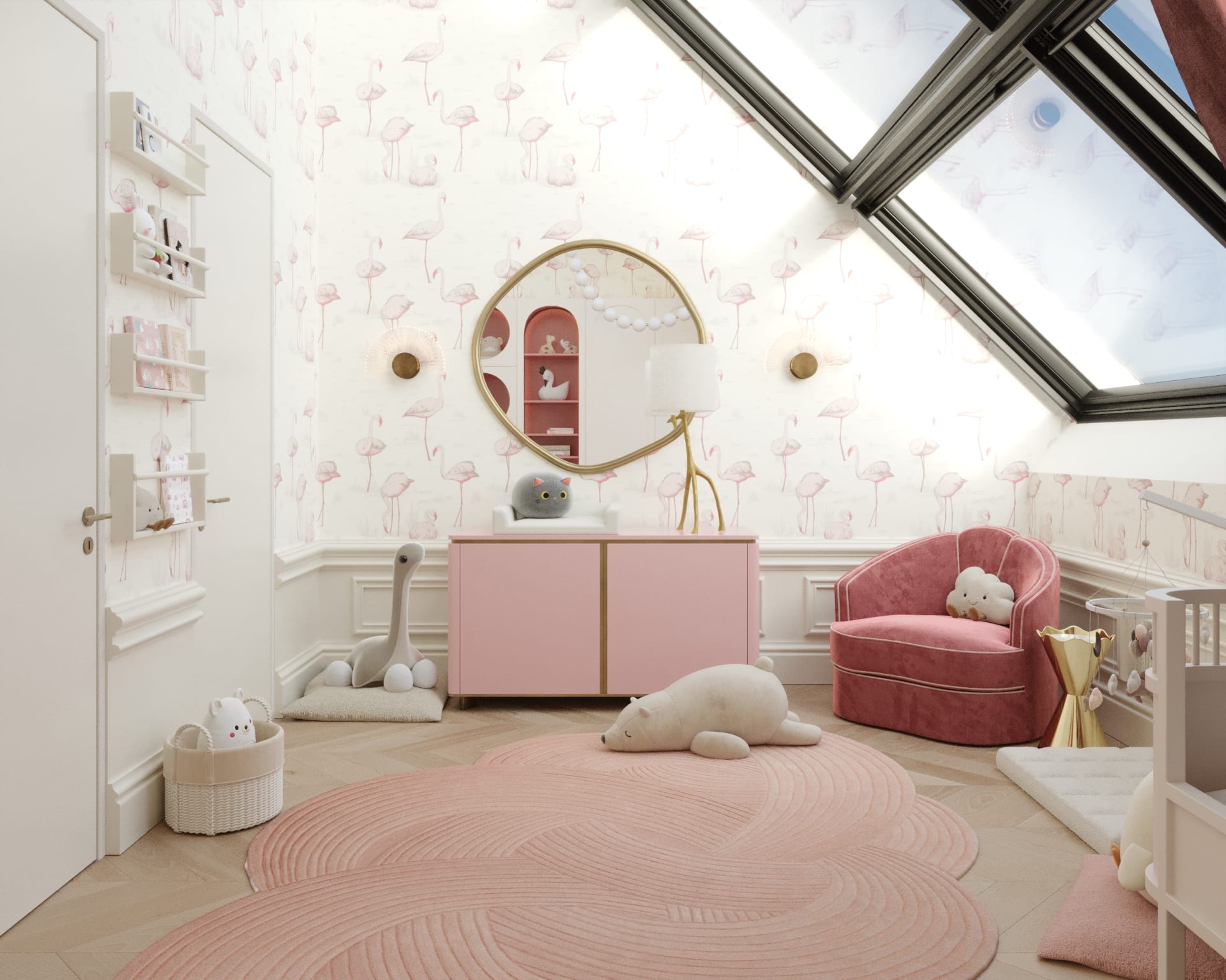 Baby room with flamingo wallpaper, a blush changing dresser and a pink velvet armchair, 3D visualization