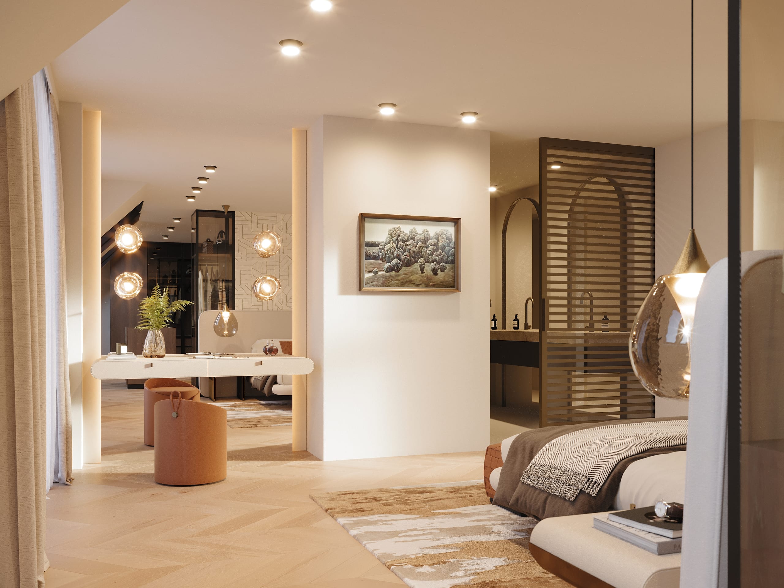Dressing table and slatted timber screen leading to the bathroom of the Wieden Duplex Penthouse master bedroom, 3D rendering