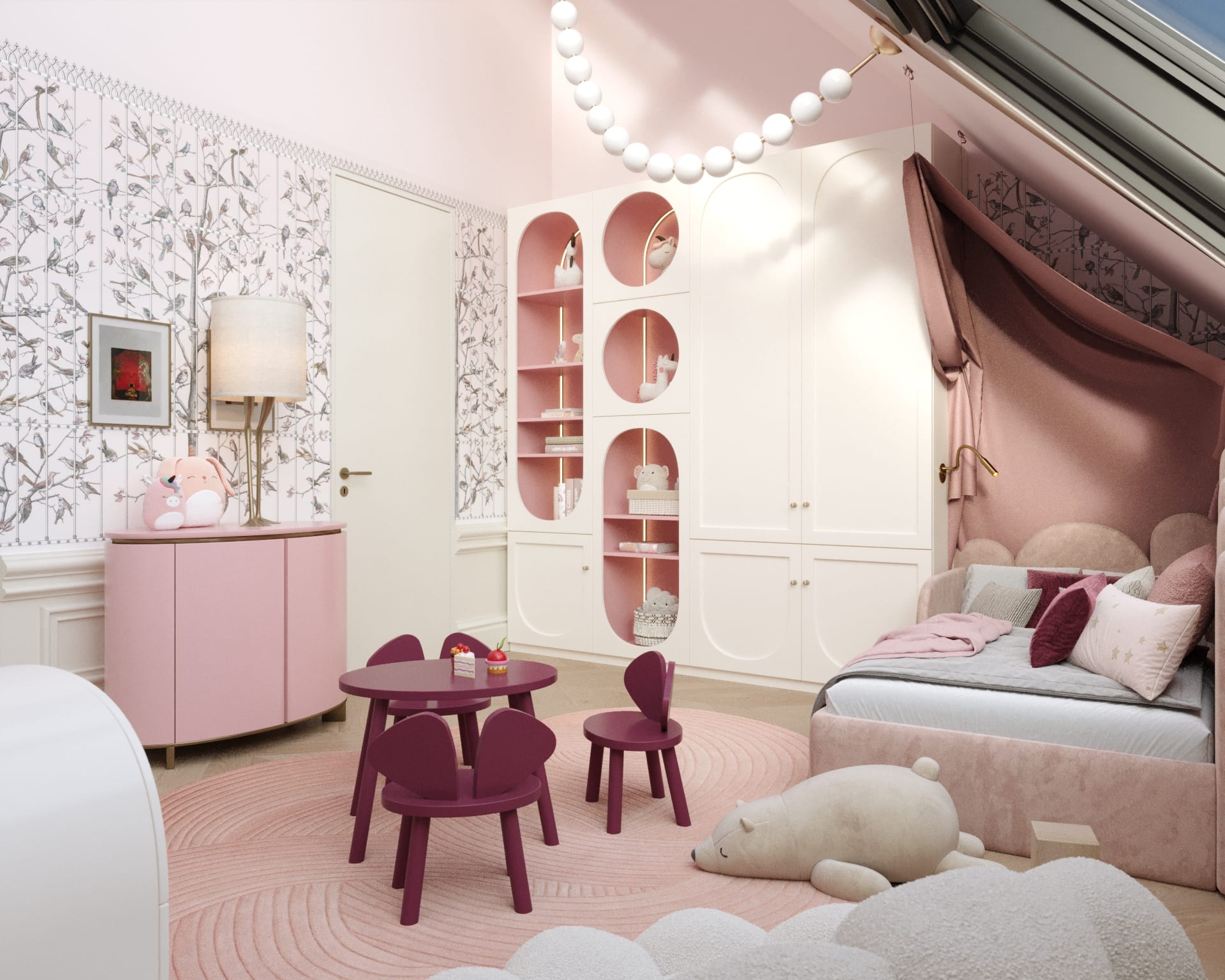 Girls' room with a canopy bed under the roof window and bird-patterned wallpaper, Wieden Duplex Penthouse, 3D rendering