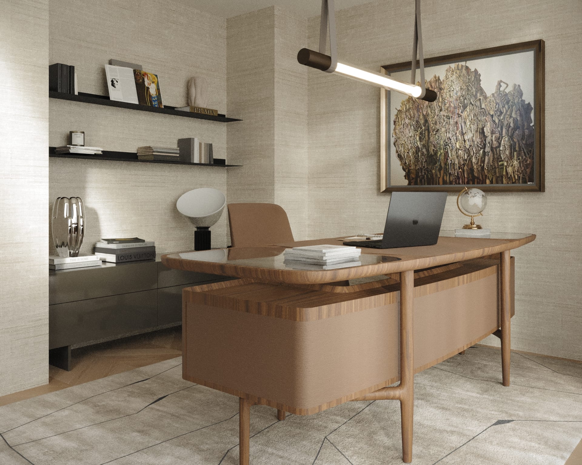 Walnut desk wrapped in tan leather beneath a linear pendant, with textured wallpaper, Wieden Duplex Penthouse office, 3D rendering