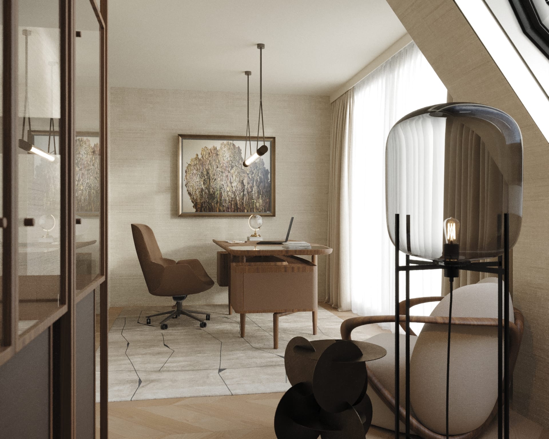Home office seen through a smoked-glass cabinet, with a leather-wrapped walnut desk and a linear pendant, 3D rendering