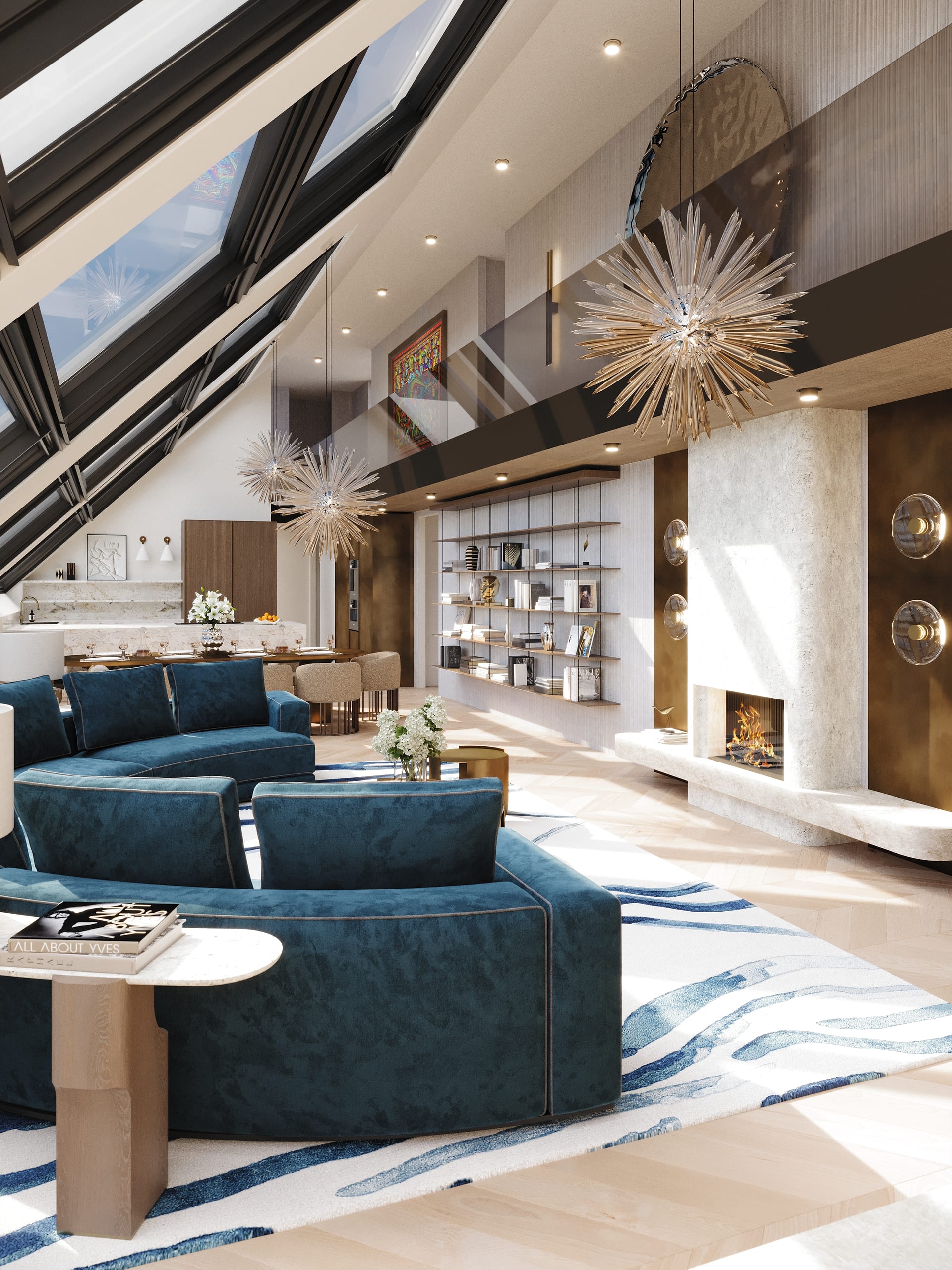 Blue velvet sofa in front of the stone fireplace beneath the skylights of the Wieden Duplex Penthouse, 3D visualization