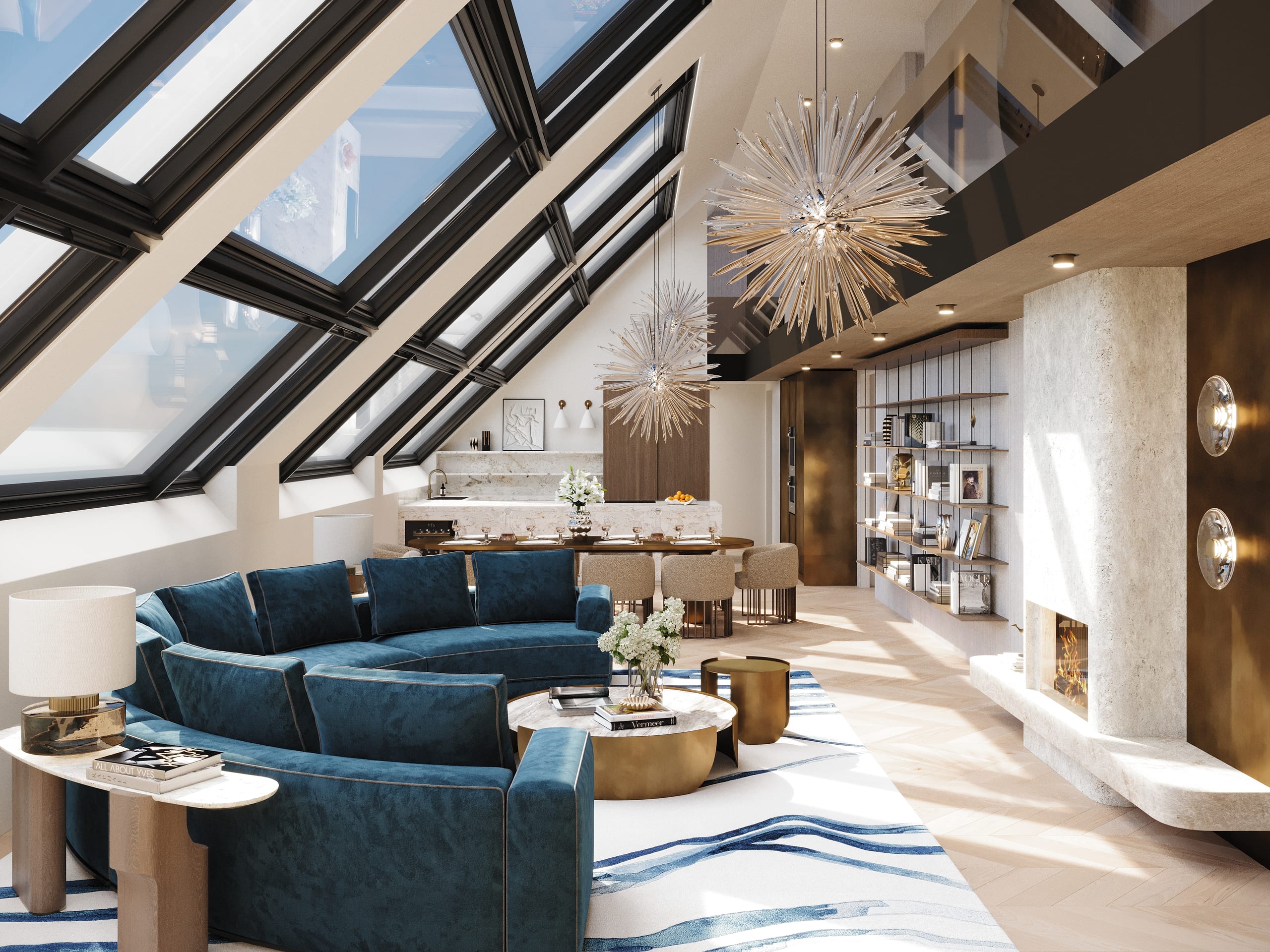 Sunlit double-height living space of a Vienna duplex penthouse with skylights, fireplace and open kitchen, 3D interior visualization