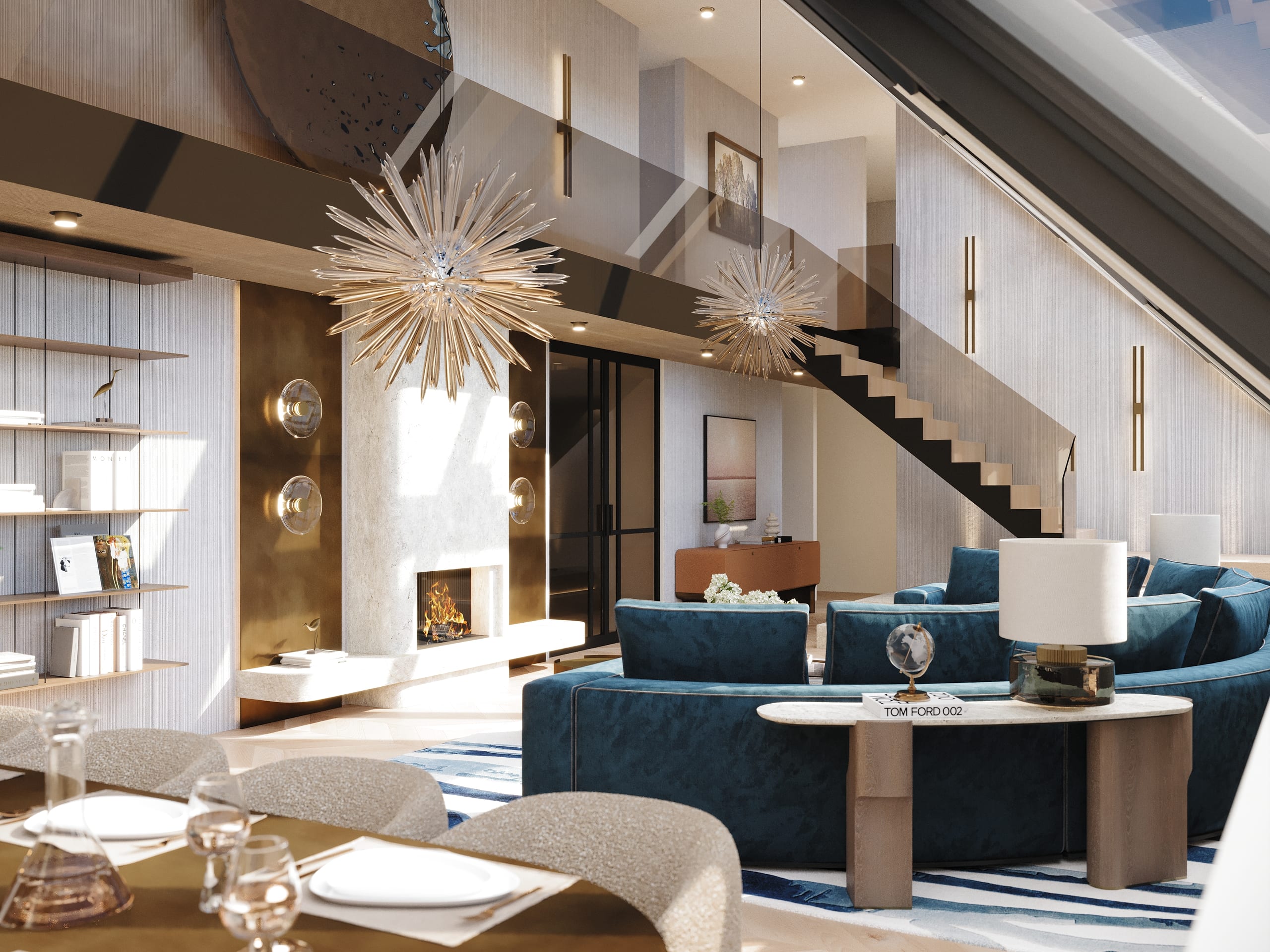Living room of the Wieden Duplex Penthouse with the staircase to the upper floor and a bronze dining table, 3D rendering