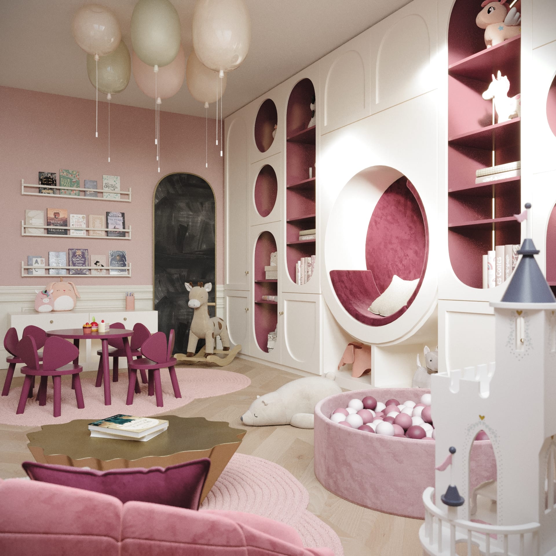 Playroom with a ball pit, chalkboard door and pastel balloons in the Wieden Duplex Penthouse, 3D rendering