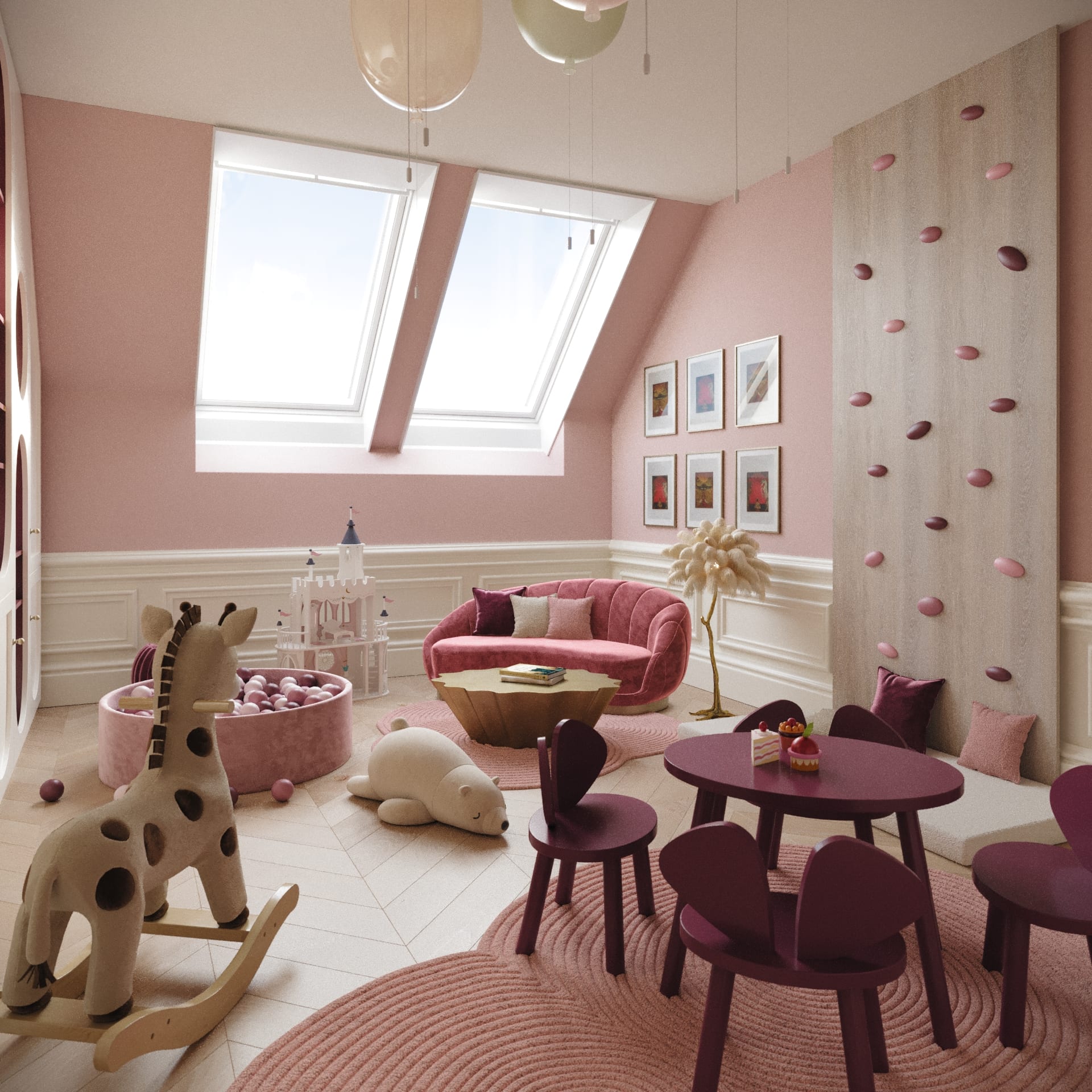 Attic playroom with roof windows, a climbing wall and a pink velvet sofa, 3D interior visualization