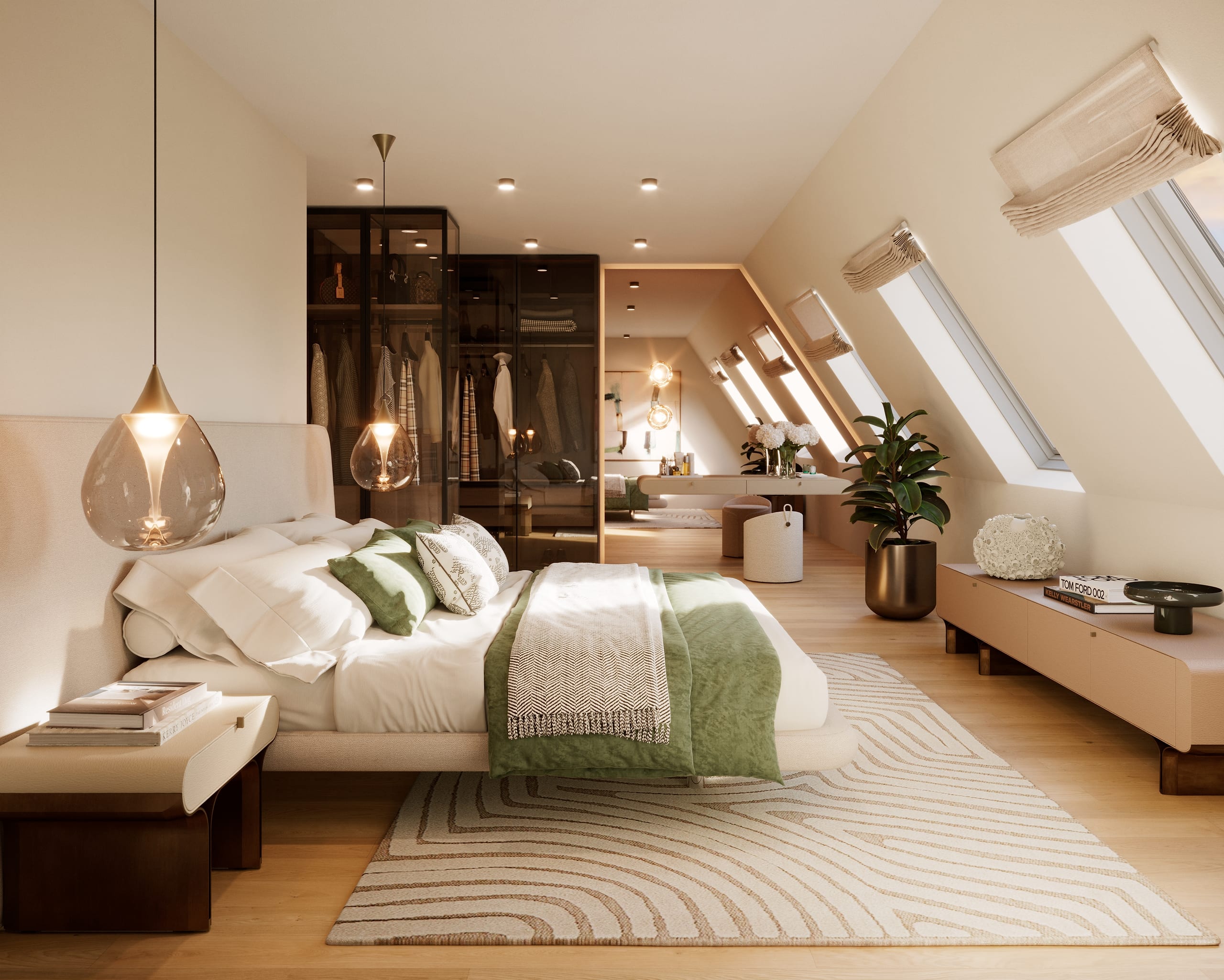 Bedroom beneath roof windows with a curved upholstered bed, amber pendants and a walk-in wardrobe, Zur Wilhelmine 16, 3D visualization