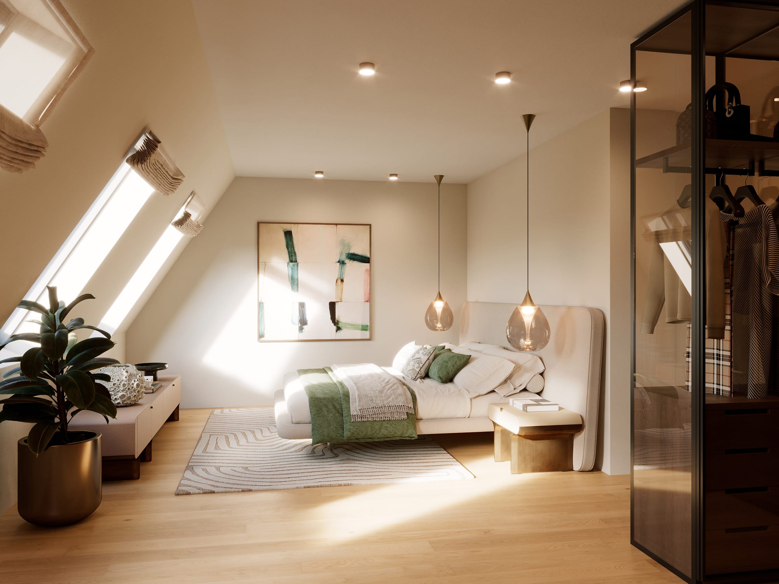 Bedroom of a Zur Wilhelmine 16 apartment with sunset light through the roof windows and an abstract painting, 3D rendering