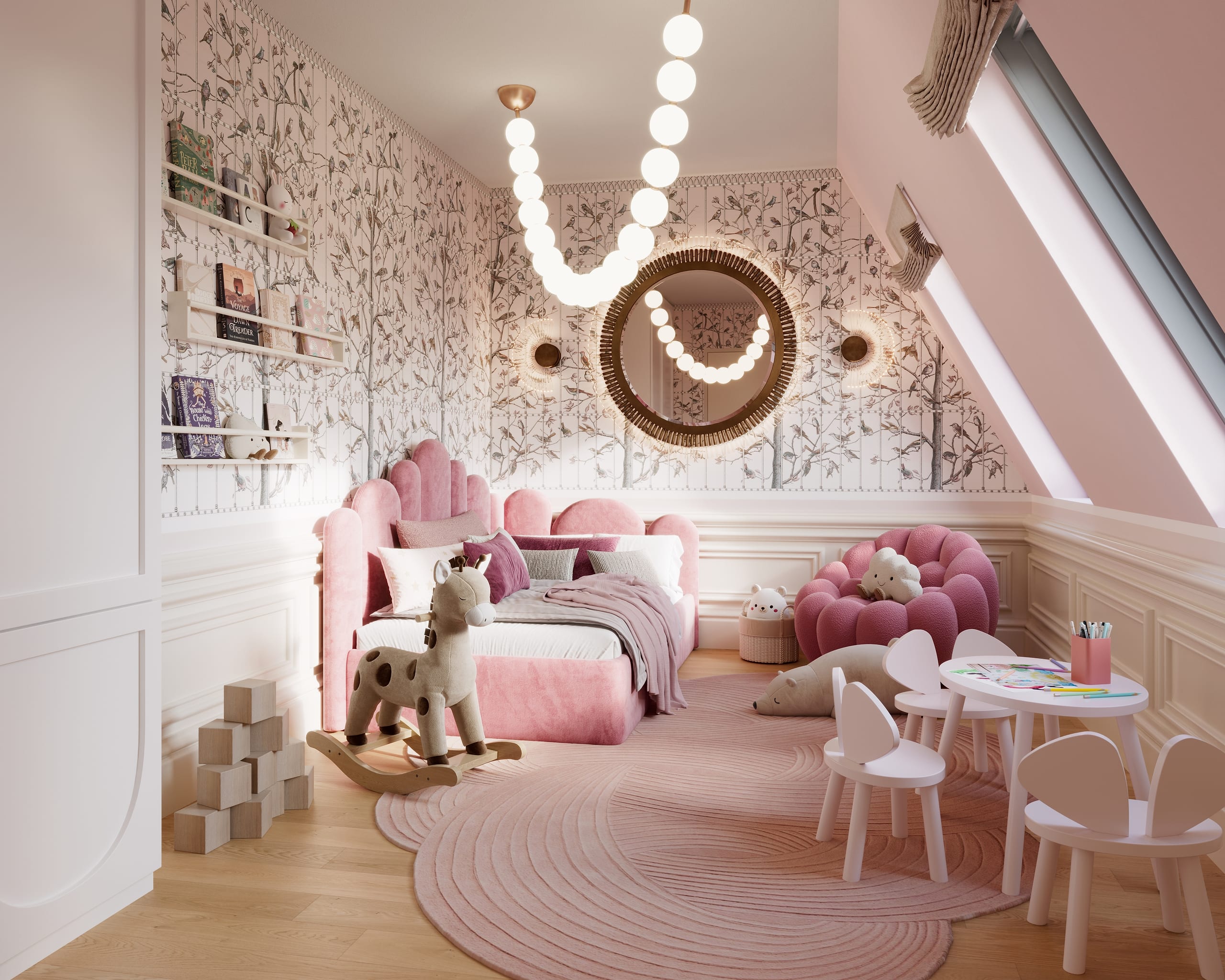 Kids' room at sunrise with bird-patterned wallpaper, a scalloped pink daybed and a pearl-string pendant, Zur Wilhelmine 16, 3D visualization