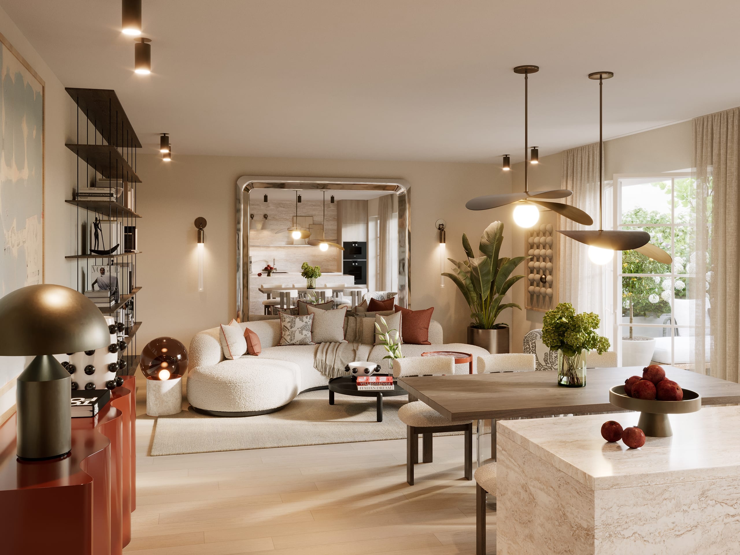 Curved bouclé sofa in front of an oversized chrome mirror reflecting the kitchen, Zur Wilhelmine 16 garden apartment, 3D rendering