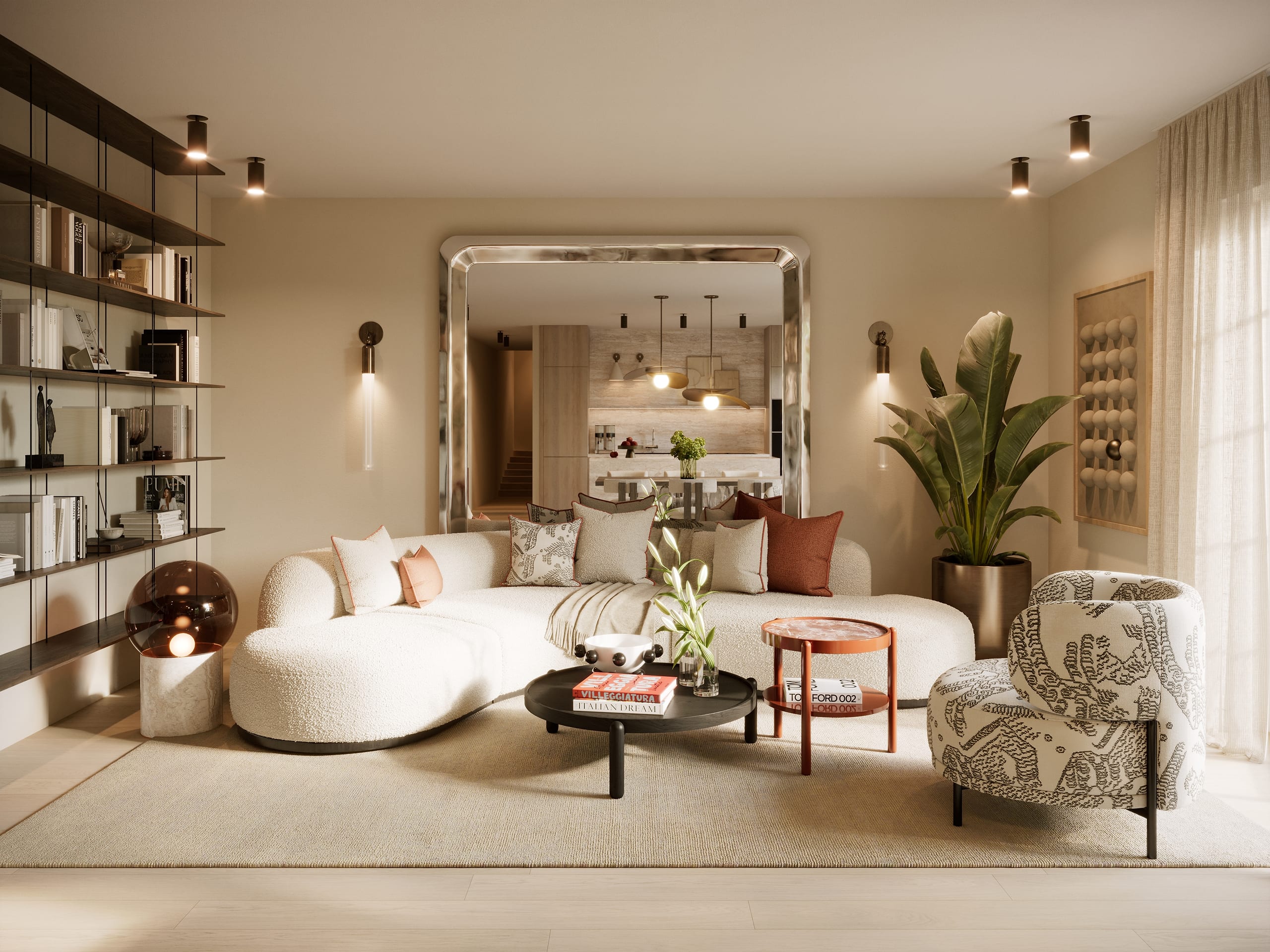 Living room with a curved bouclé sofa, chrome mirror and patterned armchair at sunset, Zur Wilhelmine 16, 3D visualization