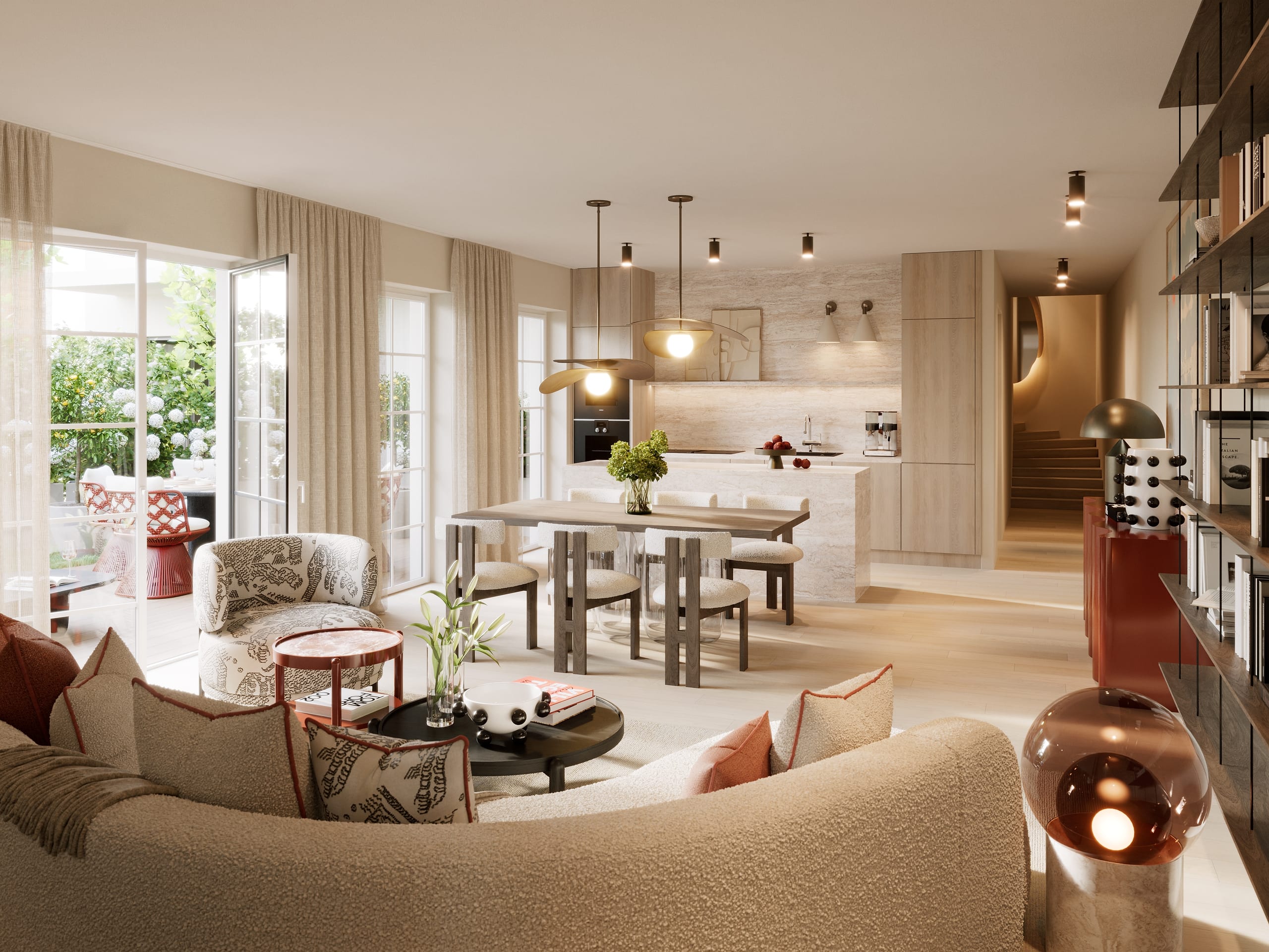 Open-plan living, dining and kitchen of a Zur Wilhelmine 16 garden apartment at sunset, with doors to the garden, 3D visualization