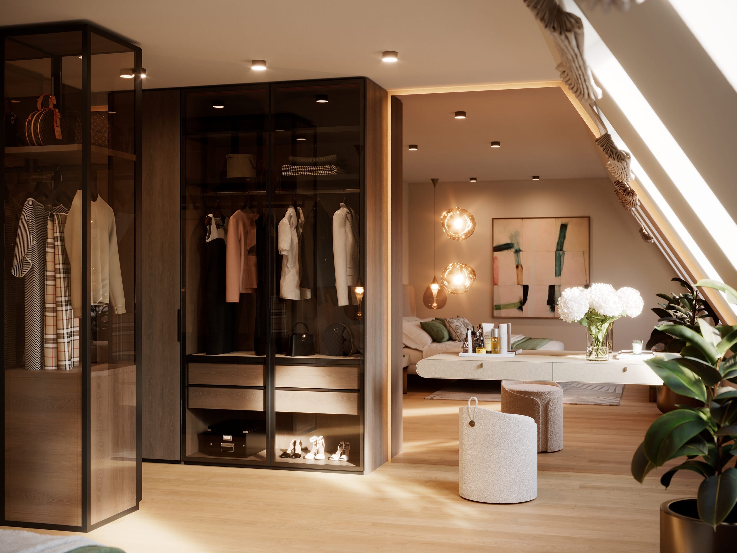 Walk-in wardrobe behind smoked glass and a dressing table under the sloping ceiling, Zur Wilhelmine 16, 3D rendering